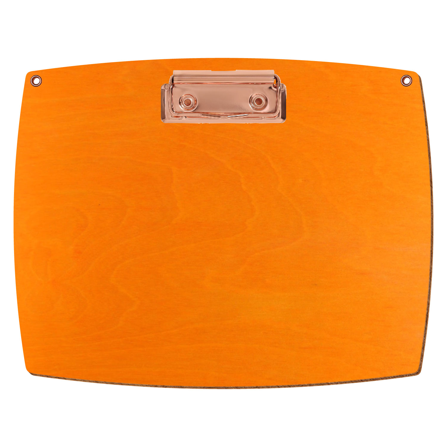 Bütic Holz-Klemmbrett konvex orange mit Aufhängeösen in A5 querkant mit roségoldener Bügelklemme