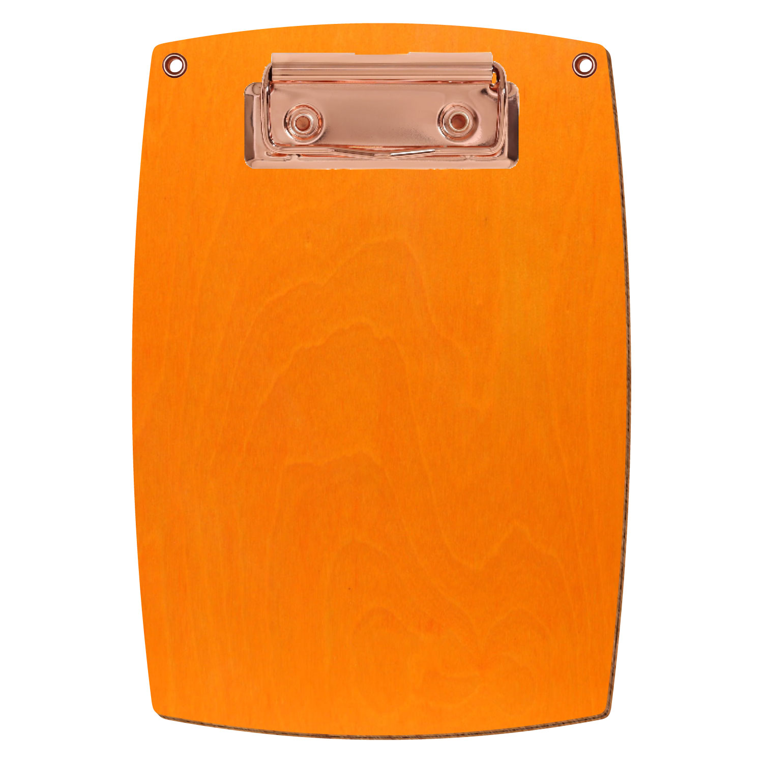Bütic Holz-Klemmbrett konvex orange mit Aufhängeösen in A6 hochkant mit roségoldener Bügelklemme