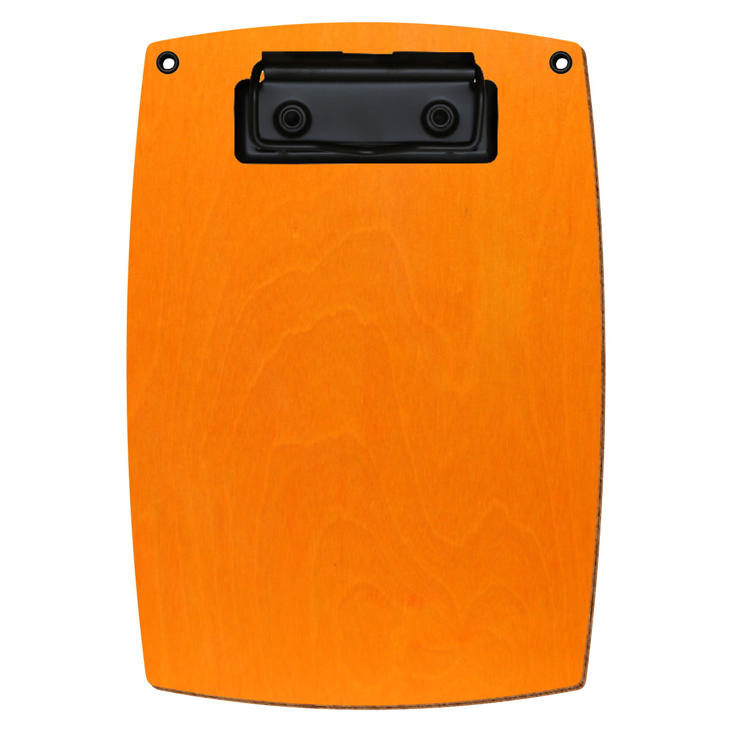Bütic Holz-Klemmbrett konvex orange mit Aufhängeösen in A6 hochkant mit schwarzer Bügelklemme