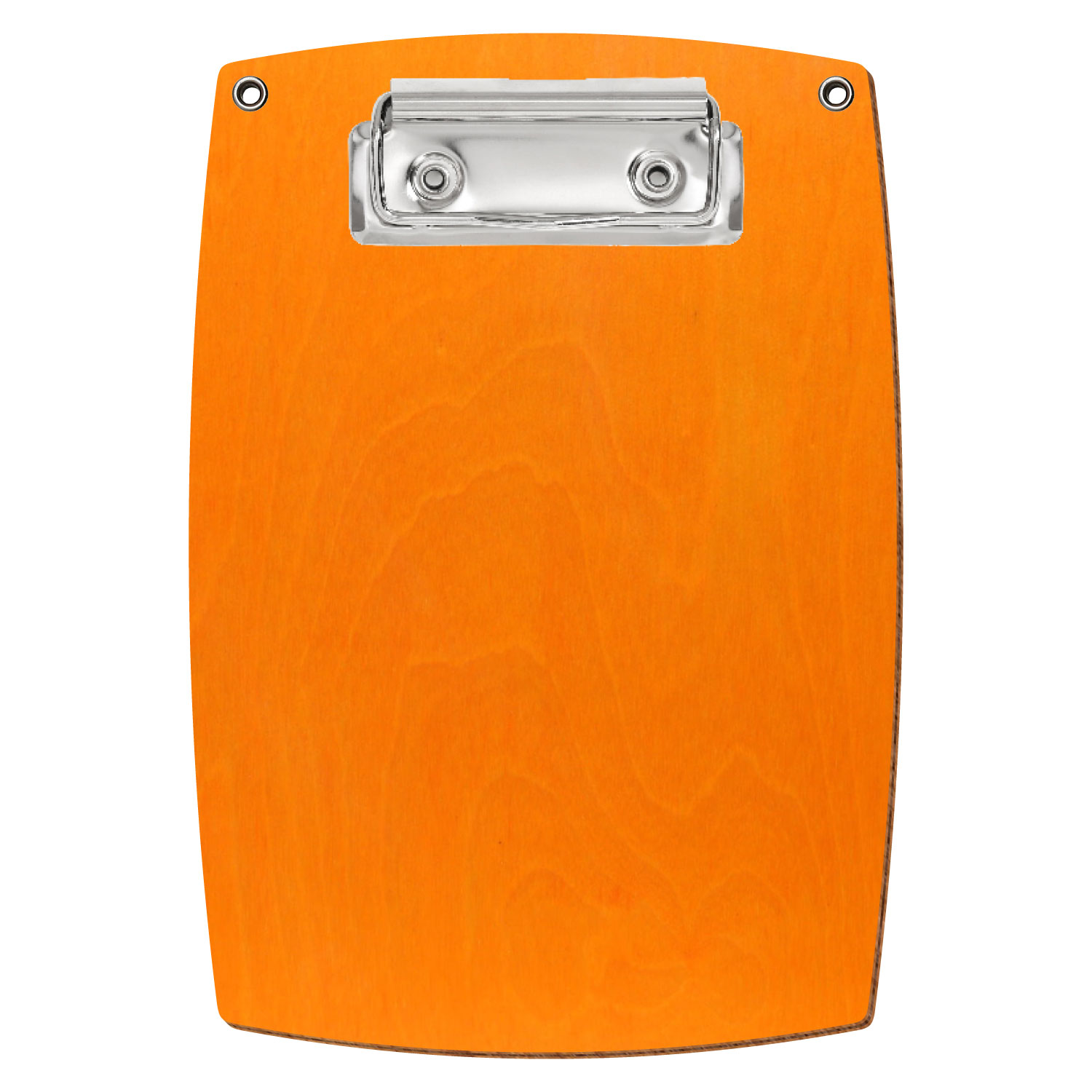 Bütic Holz-Klemmbrett konvex orange mit Aufhängeösen in A6 hochkant mit silberner Bügelklemme