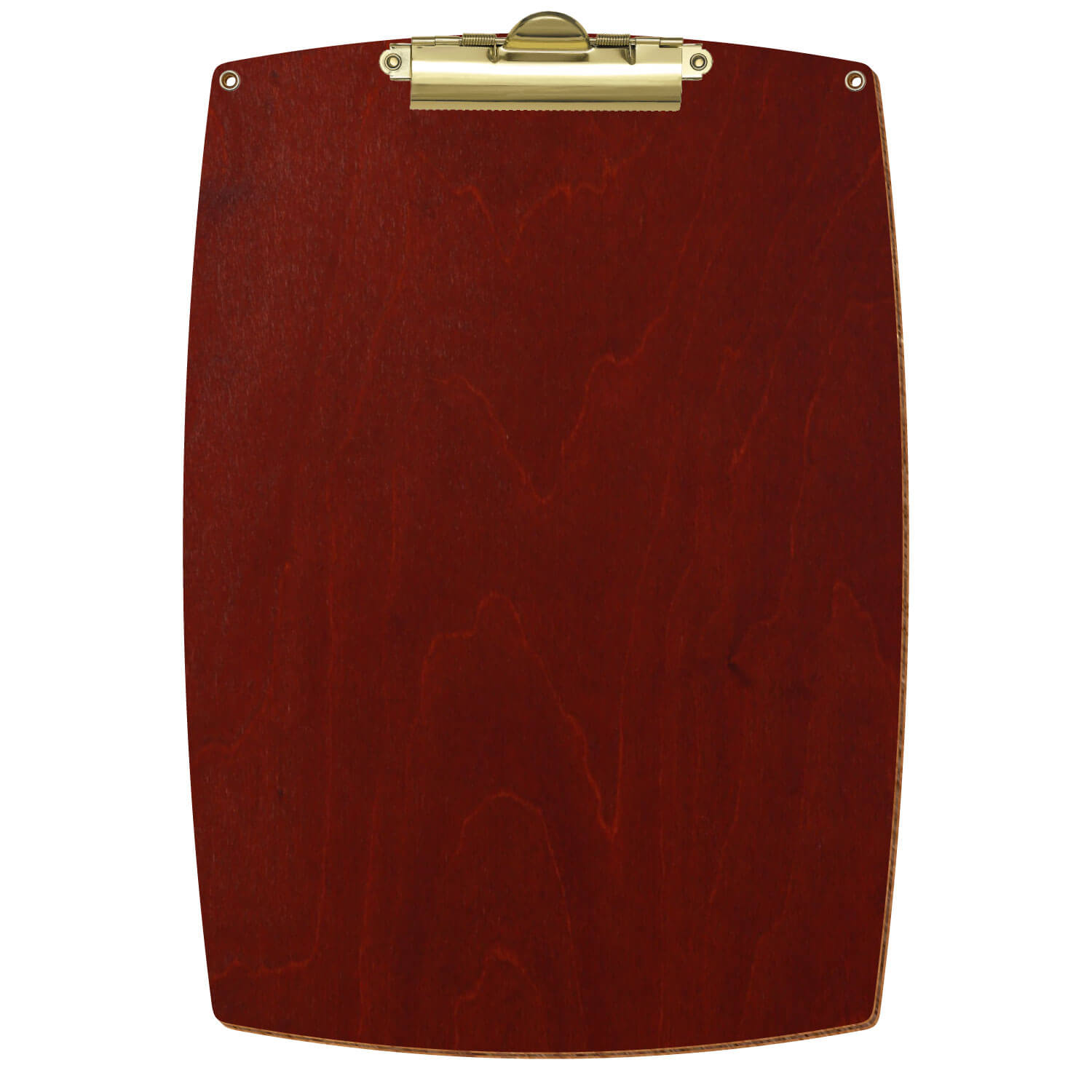 Bütic Holz-Klemmbrett konvex in der Farbe Kirschbaum dunkel mit Aufhängeösen in A4 hochkant mit goldener Zahnklemme