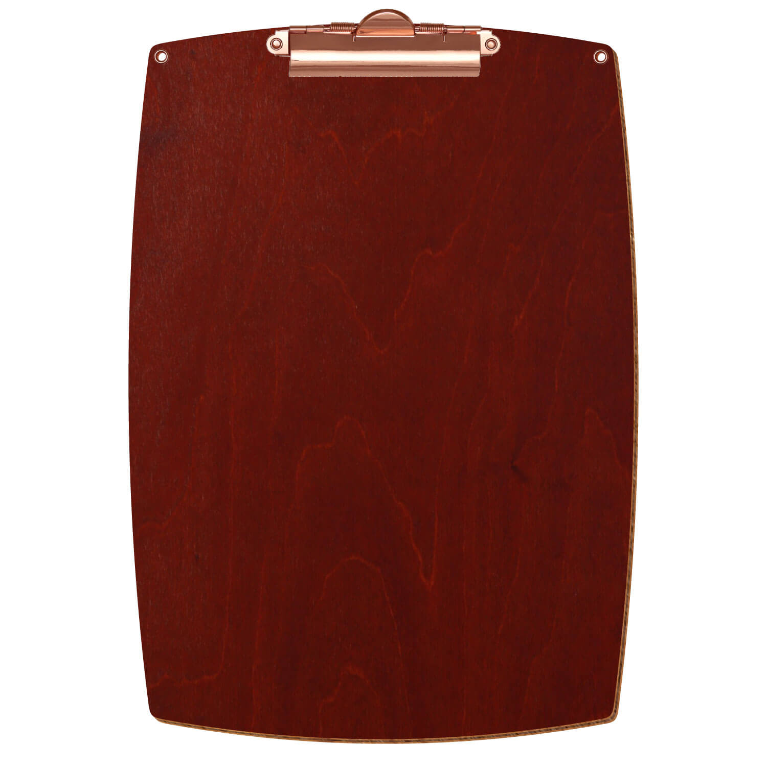 Bütic Holz-Klemmbrett konvex in der Farbe Kirschbaum dunkel mit Aufhängeösen in A4 hochkant mit roségoldener Zahnklemme