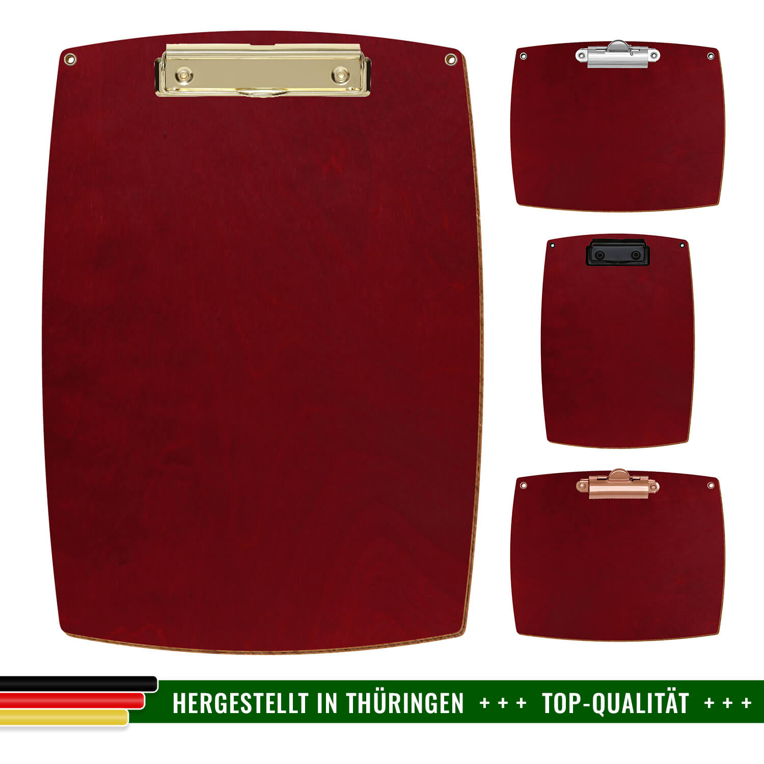 Bütic Holz-Klemmbrett konvex dunkelrot mit Aufhängeösen in 4 verschiedenen Ausführungen mit Hinweis Hergestellt in Thüringen
