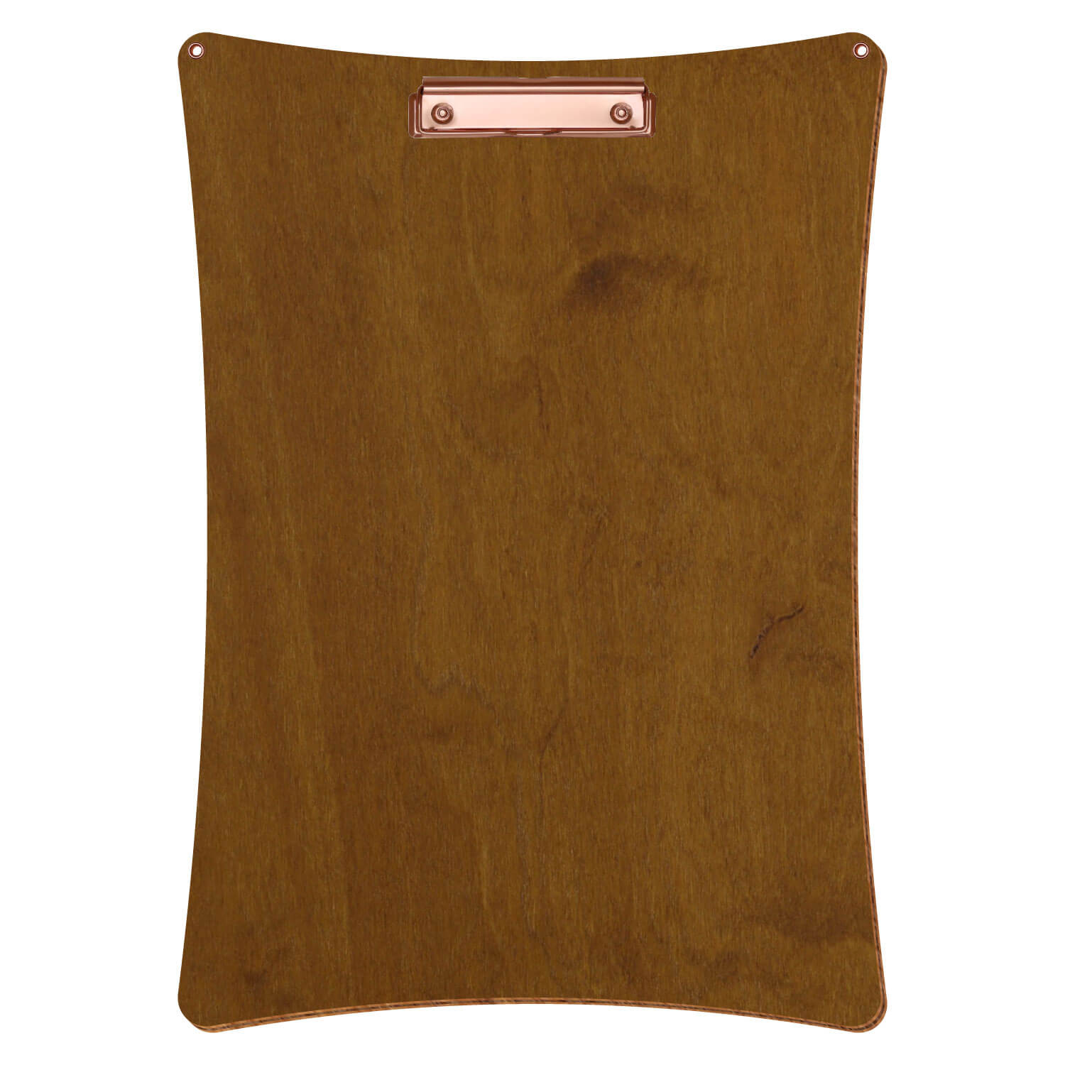 Bütic Holz-Klemmbrett konkav in der Farbe Teak mit Aufhängeösen in A3 hochkant mit roségoldener Bügelklemme