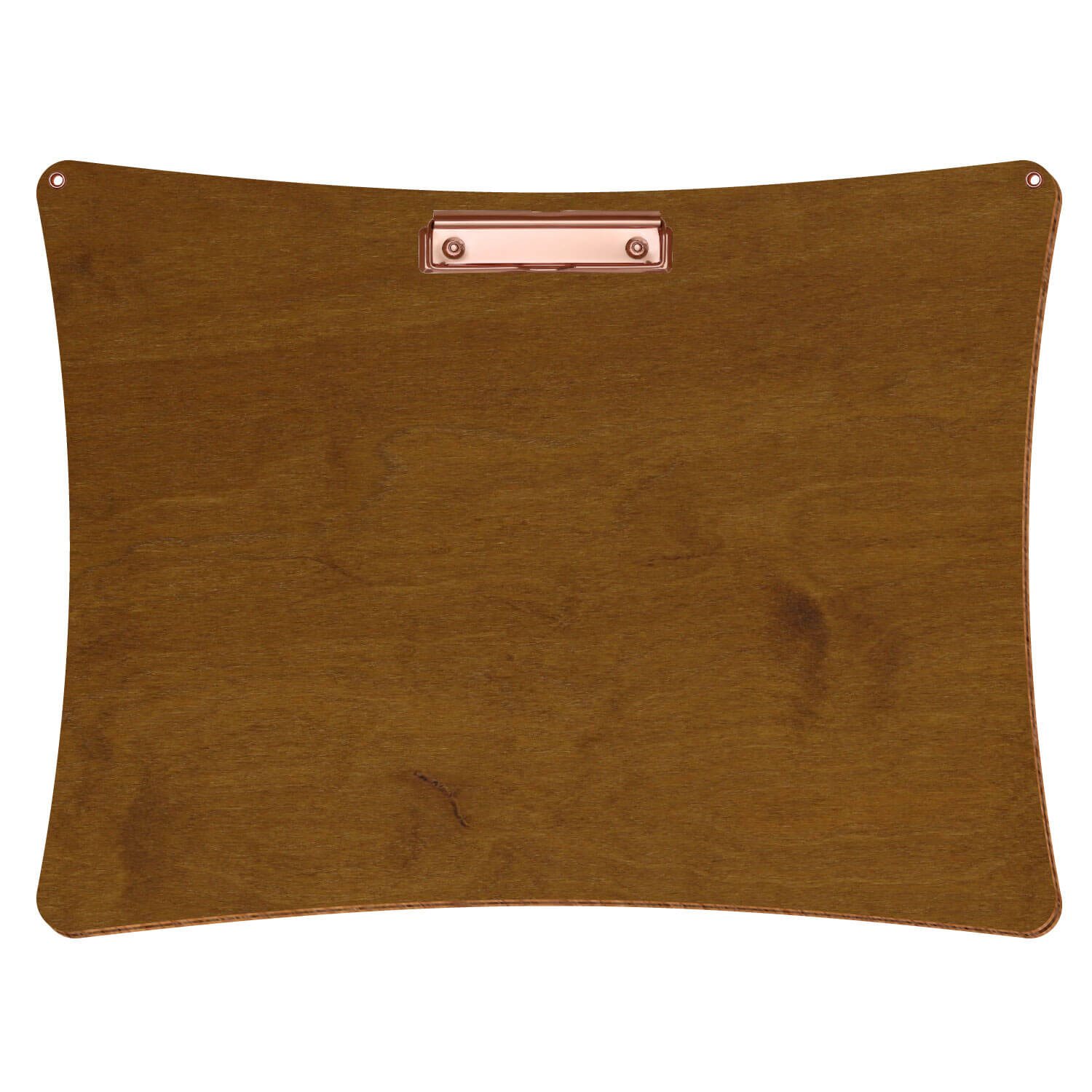 Bütic Holz-Klemmbrett konkav in der Farbe Teak mit Aufhängeösen in A3 querkant mit roségoldener Bügelklemme