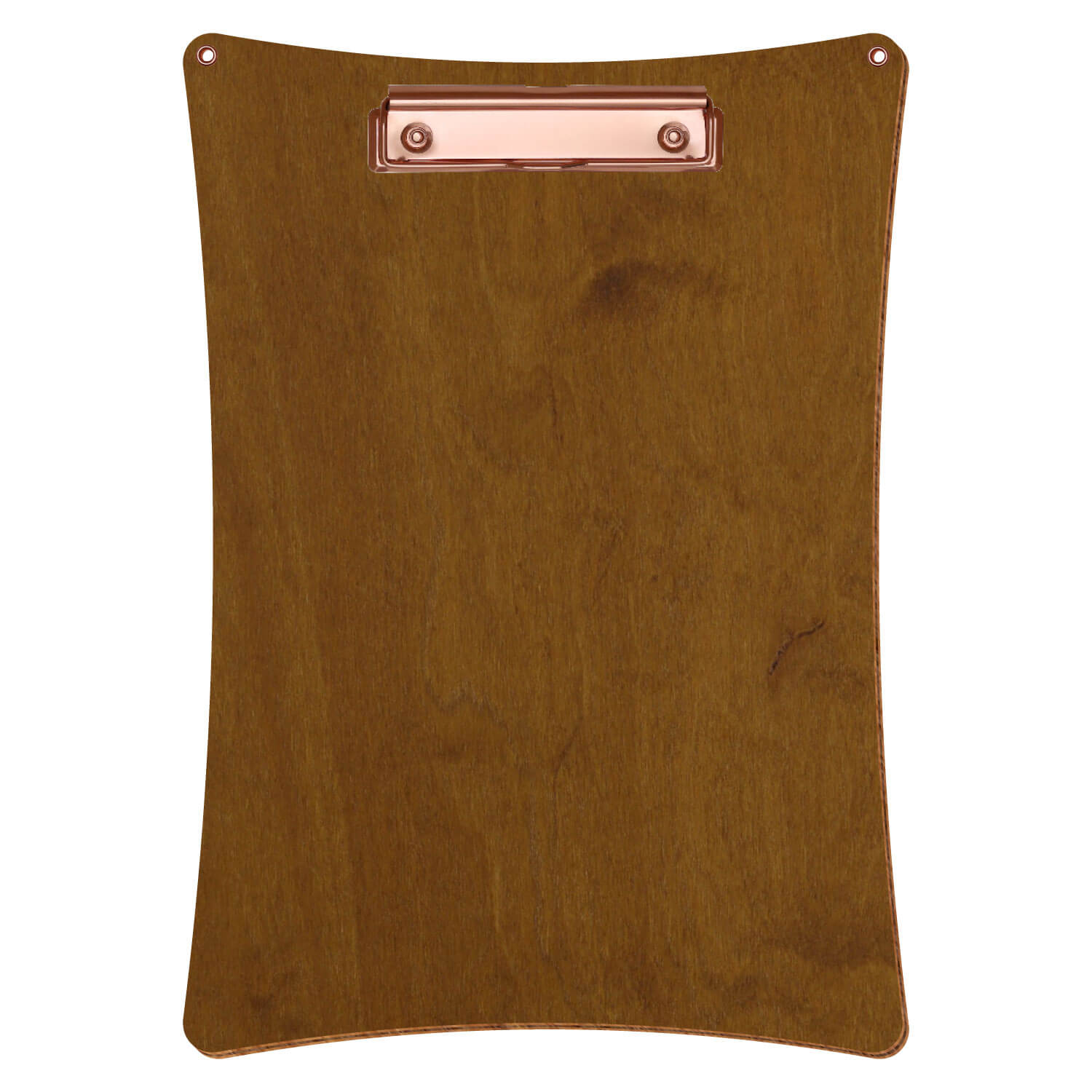Bütic Holz-Klemmbrett konkav in der Farbe Teak mit Aufhängeösen in A4 hochkant mit roségoldener Bügelklemme