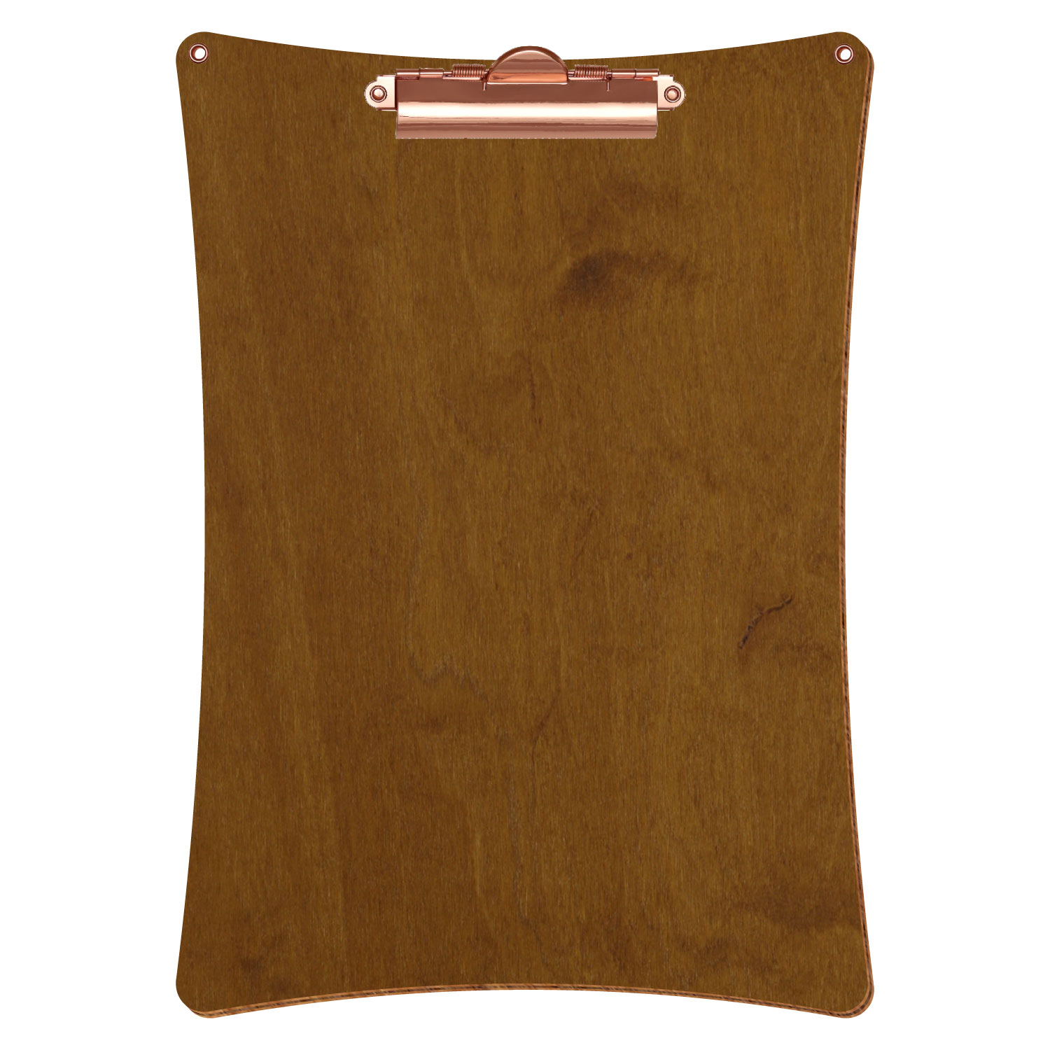 Bütic Holz-Klemmbrett konkav in der Farbe Teak mit Aufhängeösen in A4 hochkant mit roségoldener Zahnklemme