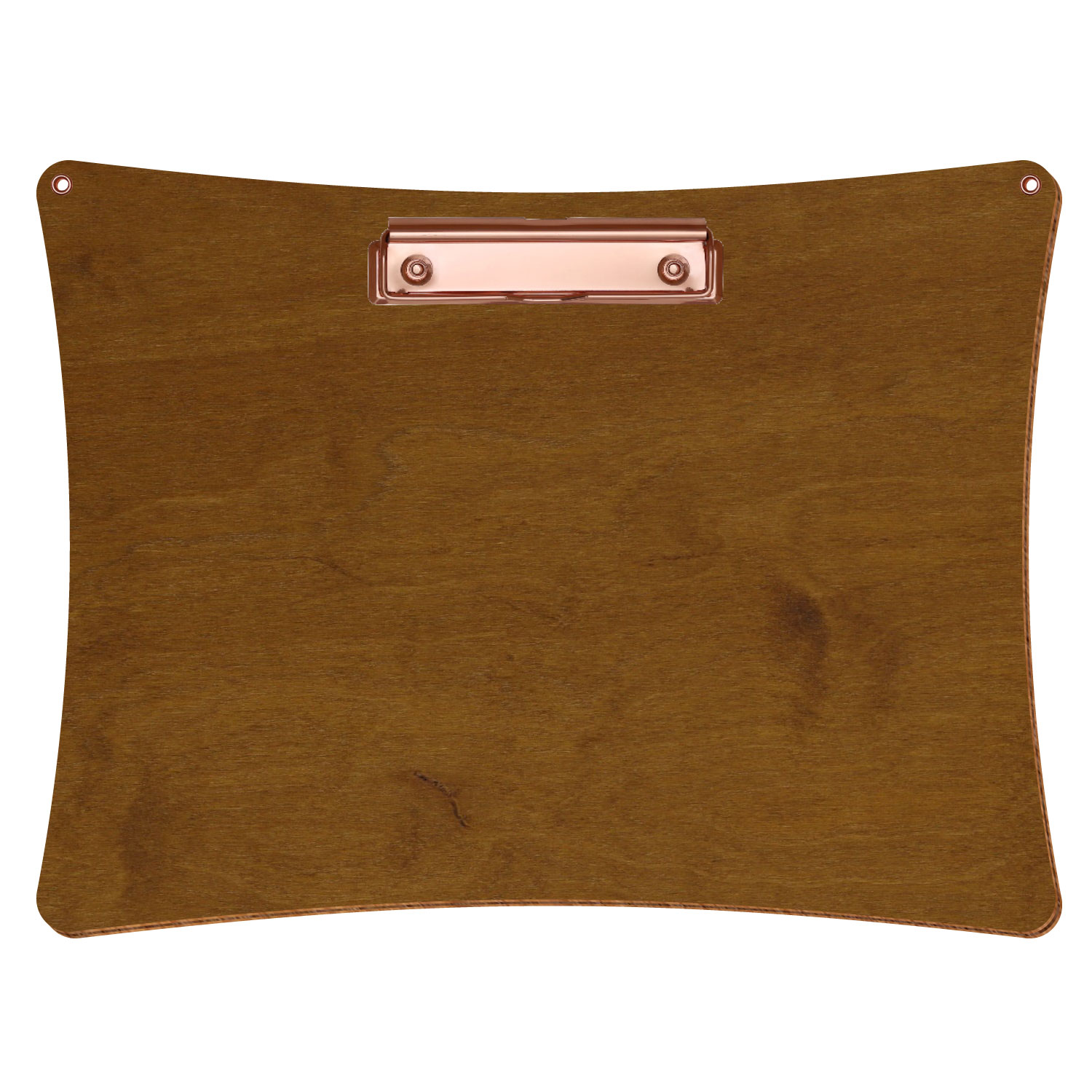 Bütic Holz-Klemmbrett konkav in der Farbe Teak mit Aufhängeösen in A4 querkant mit roségoldener Bügelklemme
