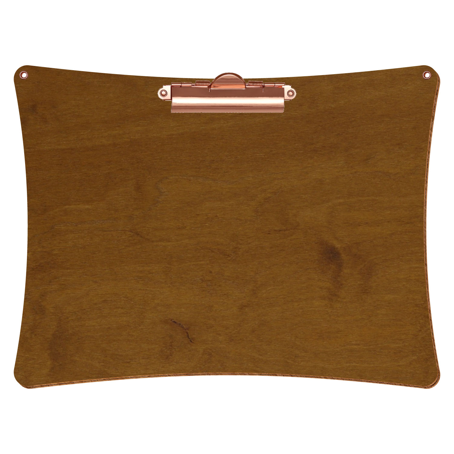 Bütic Holz-Klemmbrett konkav in der Farbe Teak mit Aufhängeösen in A4 querkant mit roségoldener Zahnklemme