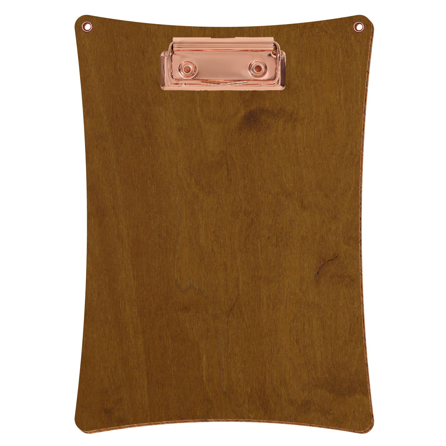 Bütic Holz-Klemmbrett konkav in der Farbe Teak mit Aufhängeösen in A5 hochkant mit roségoldener Bügelklemme