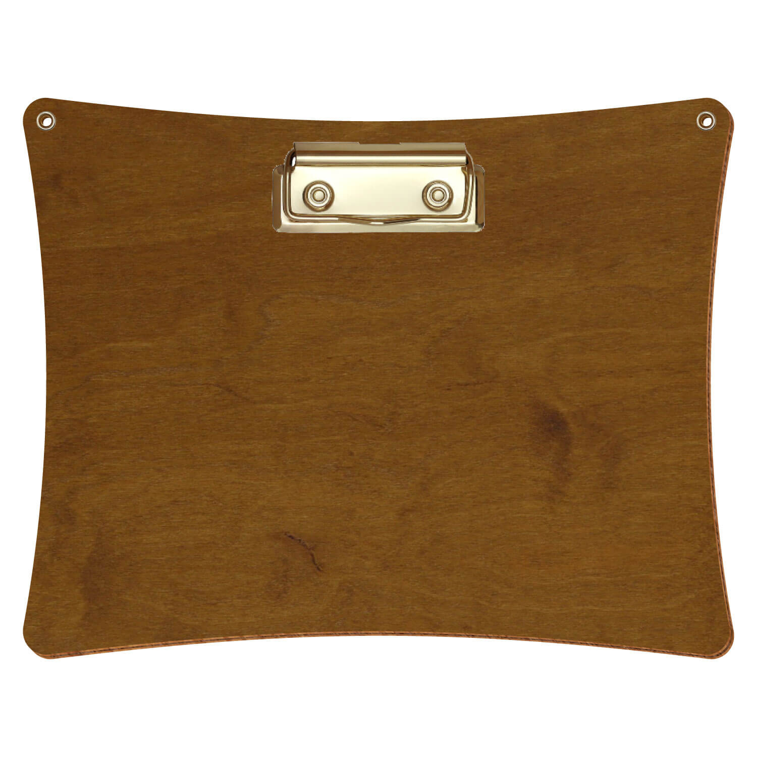 Bütic Holz-Klemmbrett konkav in der Farbe Teak mit Aufhängeösen in A5 querkant mit goldener Bügelklemme