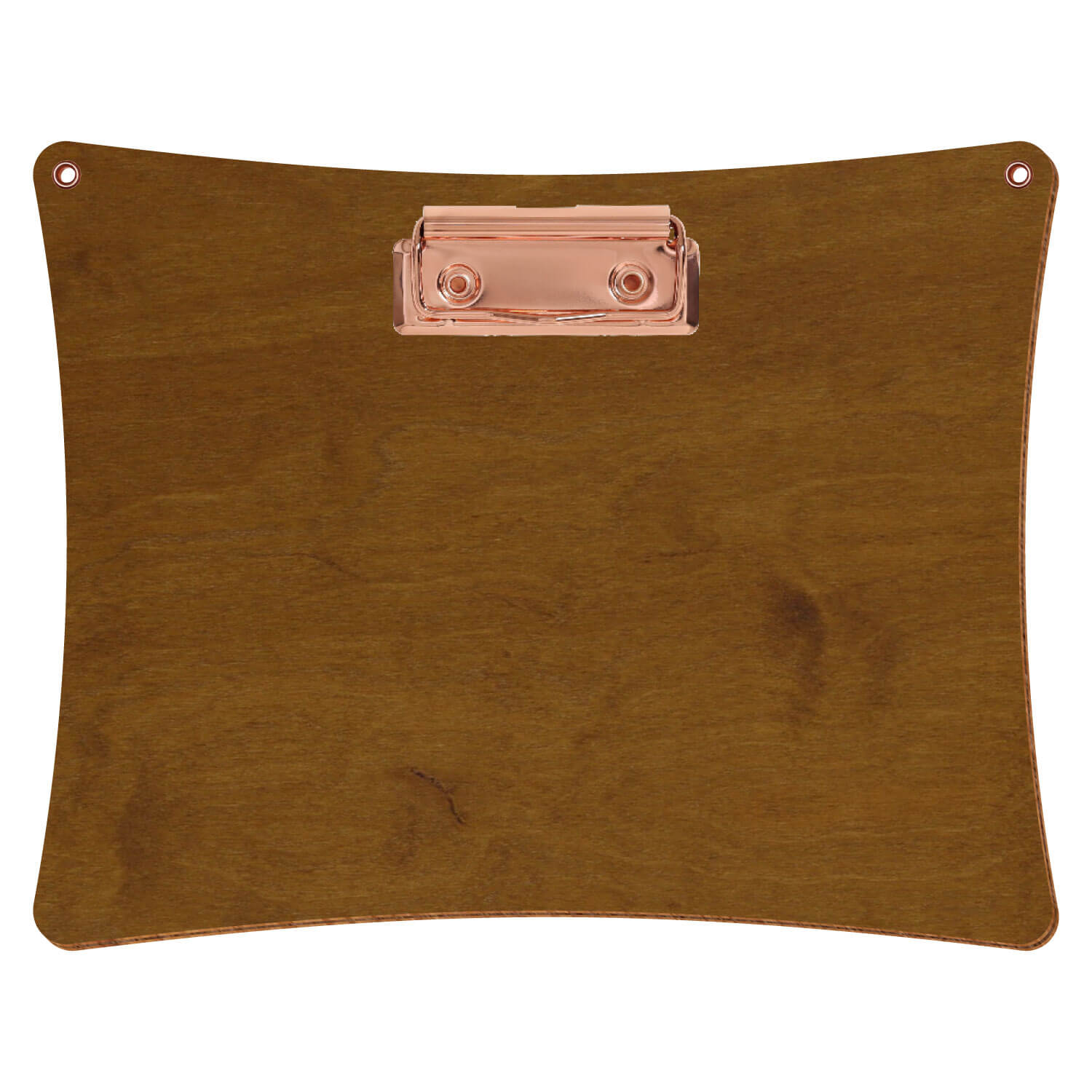 Bütic Holz-Klemmbrett konkav in der Farbe Teak mit Aufhängeösen in A5 querkant mit roségoldener Bügelklemme