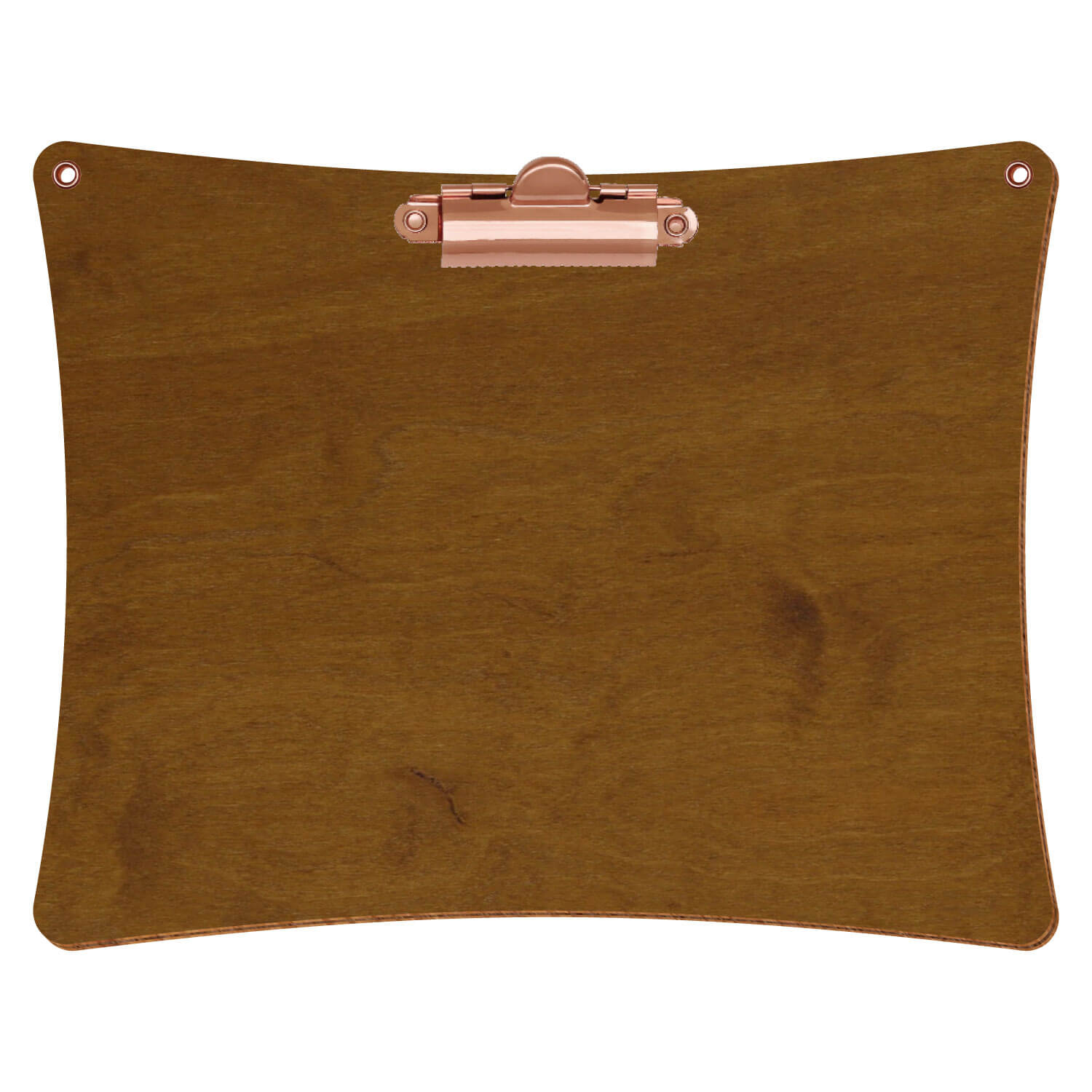 Bütic Holz-Klemmbrett konkav in der Farbe Teak mit Aufhängeösen in A5 querkant mit roségoldener Zahnklemme