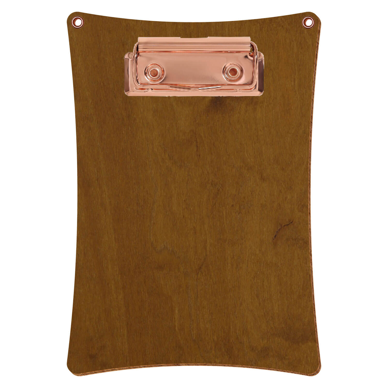 Bütic Holz-Klemmbrett konkav in der Farbe Teak mit Aufhängeösen in A6 hochkant mit roségoldener Bügelklemme