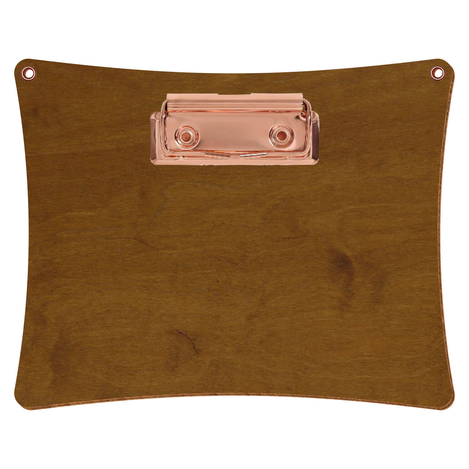 Bütic Holz-Klemmbrett konkav in der Farbe Teak mit Aufhängeösen in A6 querkant mit roségoldener Bügelklemme
