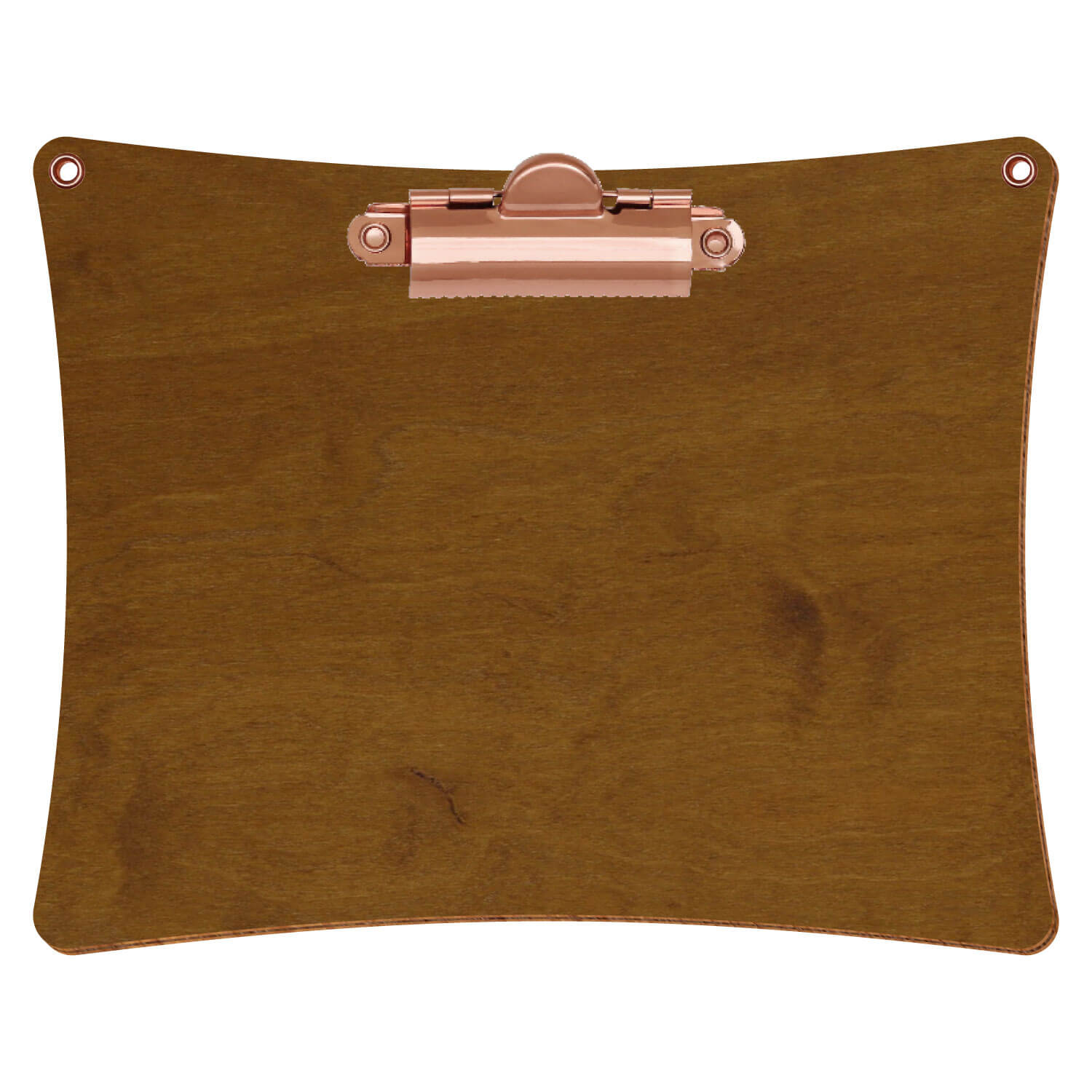 Bütic Holz-Klemmbrett konkav in der Farbe Teak mit Aufhängeösen in A6 querkant mit roségoldener Zahnklemme