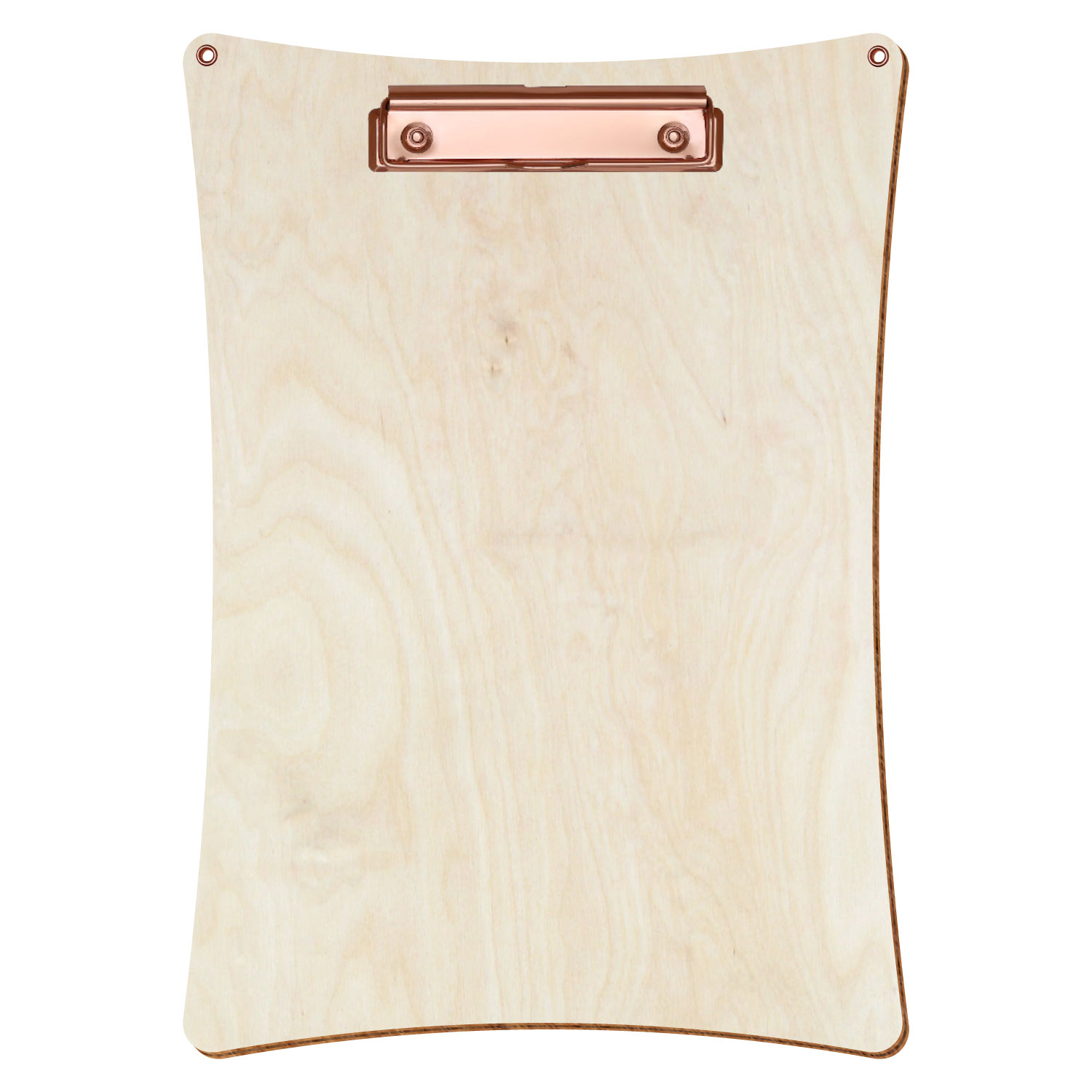 Bütic Holz-Klemmbrett konkav naturfarben mit Aufhängeösen in A4 hochkant mit roségoldener Bügelklemme