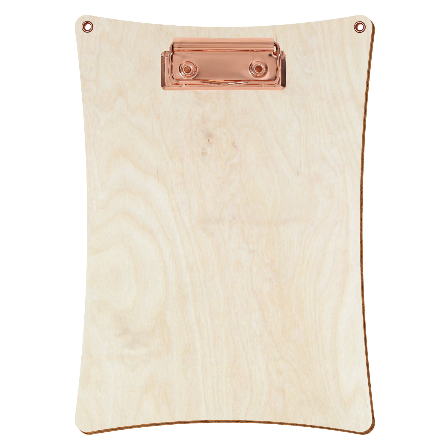 Bütic Holz-Klemmbrett konkav naturfarben mit Aufhängeösen in A5 hochkant mit roségoldener Bügelklemme