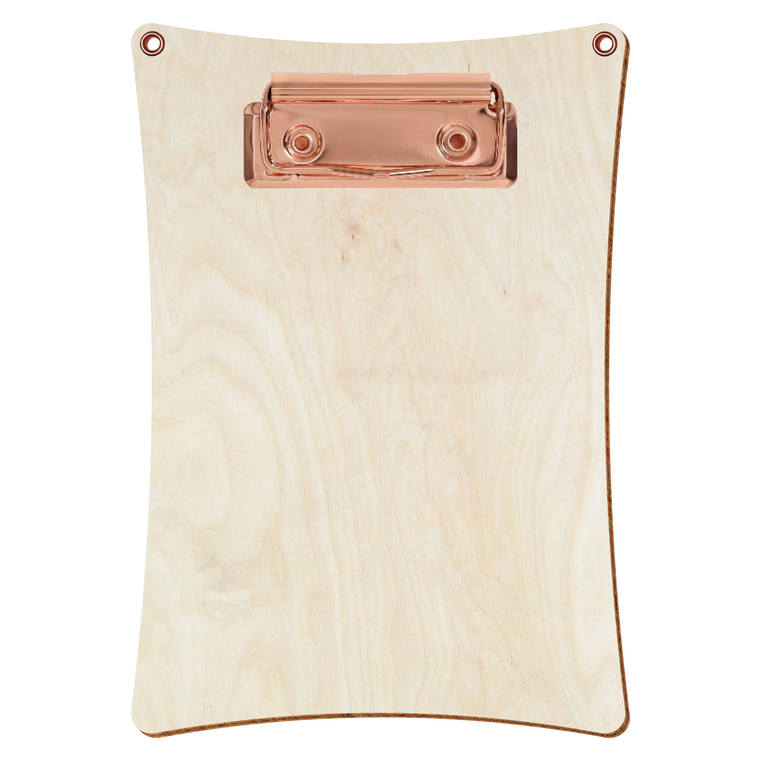 Bütic Holz-Klemmbrett konkav naturfarben mit Aufhängeösen in A6 hochkant mit roségoldener Bügelklemme
