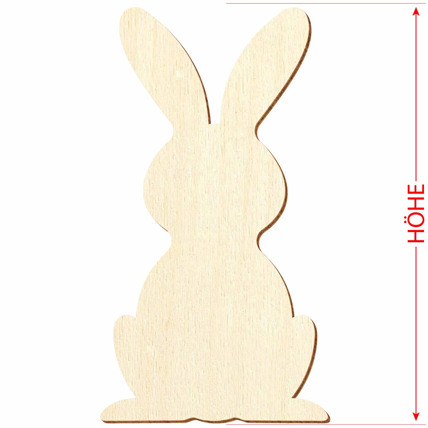 Hasen-Silhouette frontal sitzend aus Pappelsperrholz mit Hinweis auf das Referenzmaß "Höhe"