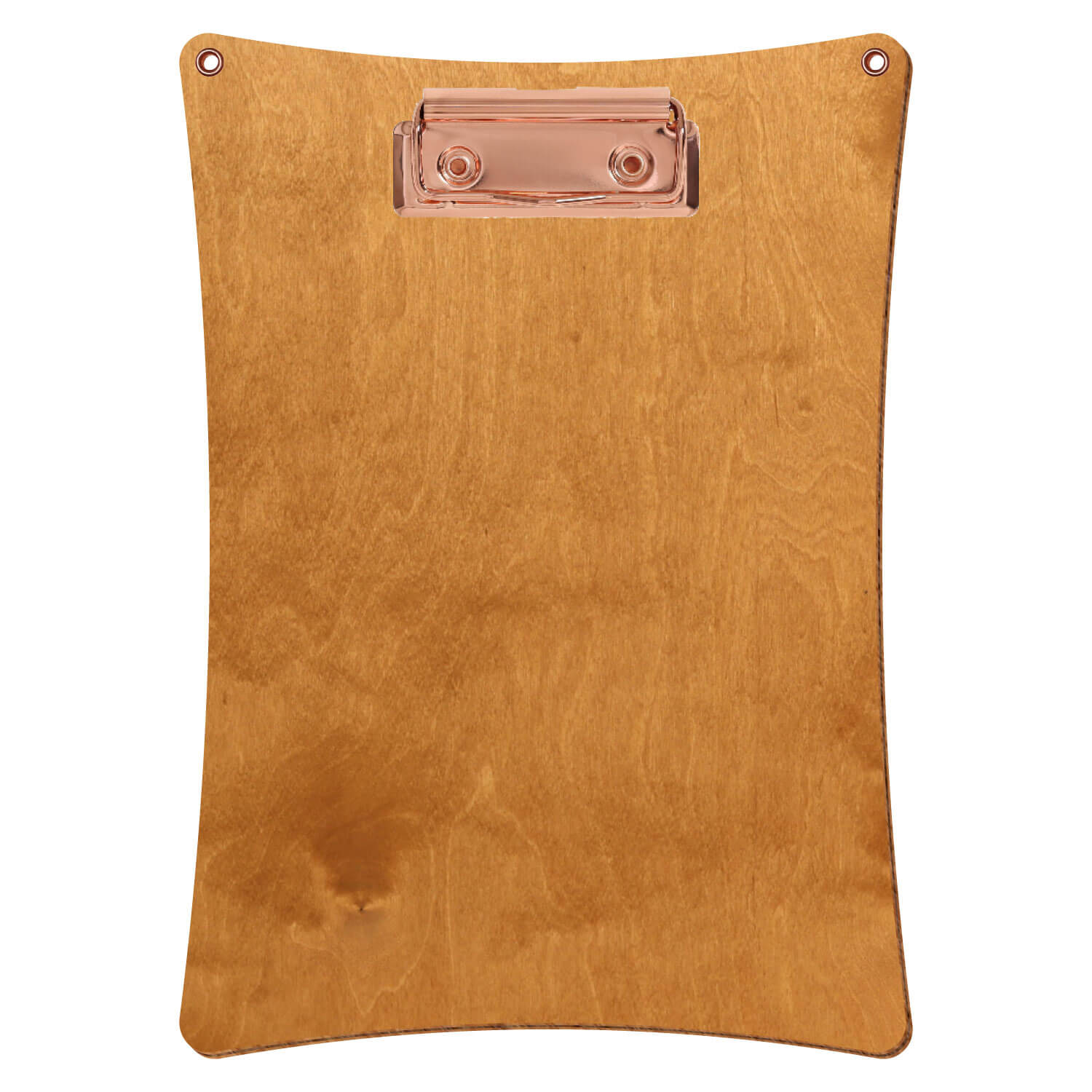 Bütic Holz-Klemmbrett konkav in der Farbe Birnbaum mit Aufhängeösen in A5 hochkant mit roségoldener Bügelklemme