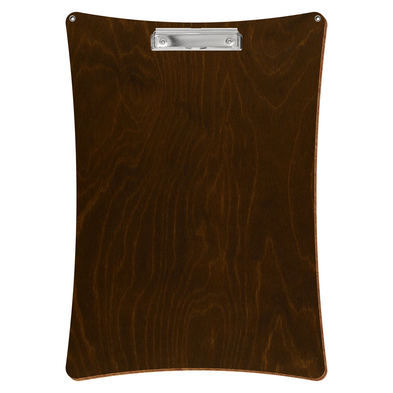 Bütic Holz-Klemmbrett konkav in der Farbe Eiche dunkel mit Aufhängeösen in A3 hochkant mit carbon-silberner Bügelklemme