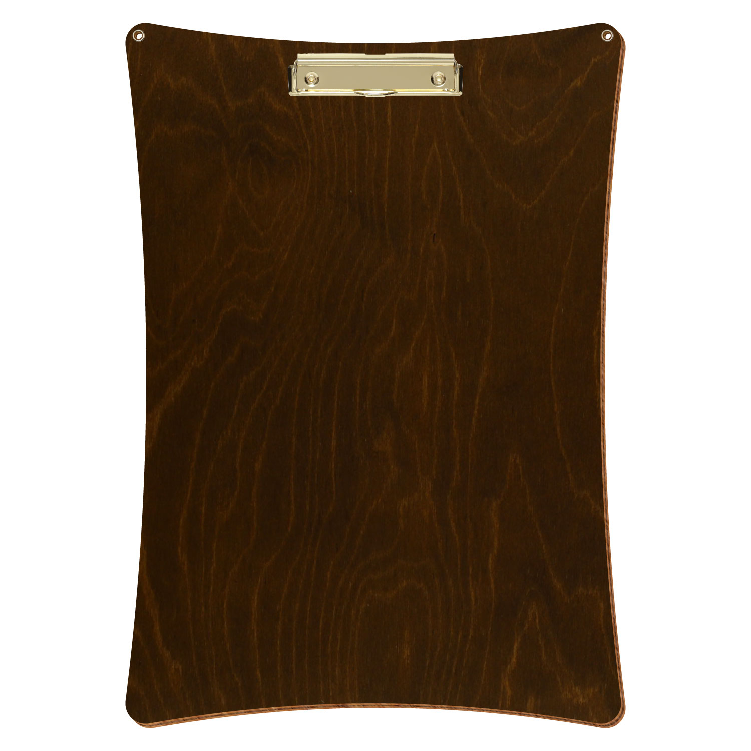 Bütic Holz-Klemmbrett konkav in der Farbe Eiche dunkel mit Aufhängeösen in A3 hochkant mit goldener Bügelklemme