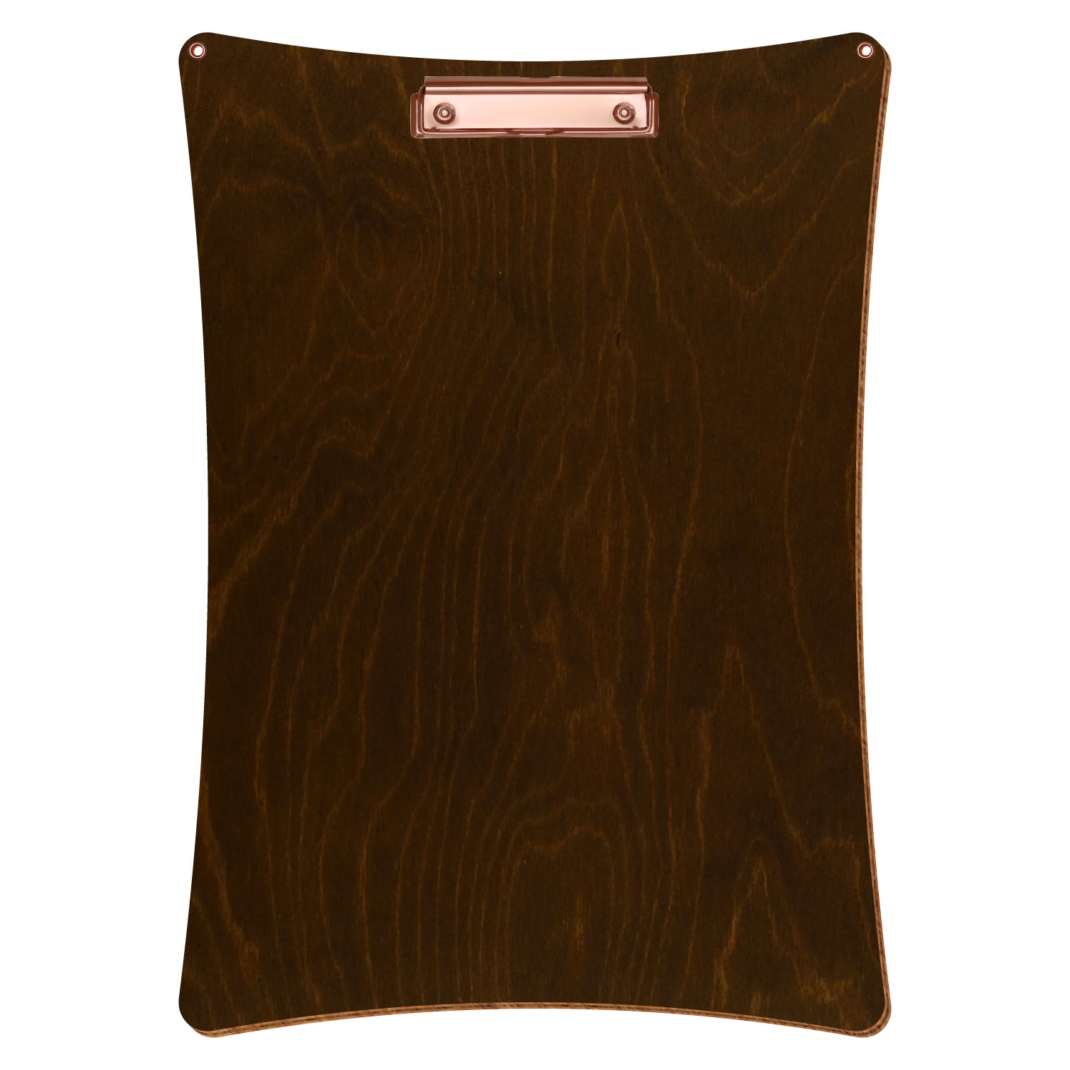 Bütic Holz-Klemmbrett konkav in der Farbe Eiche dunkel mit Aufhängeösen in A3 hochkant mit roségoldener Bügelklemme