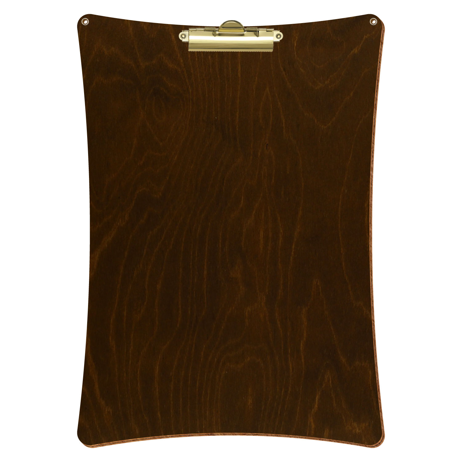 Bütic Holz-Klemmbrett konkav in der Farbe Eiche dunkel mit Aufhängeösen in A3 hochkant mit goldener Zahnklemme