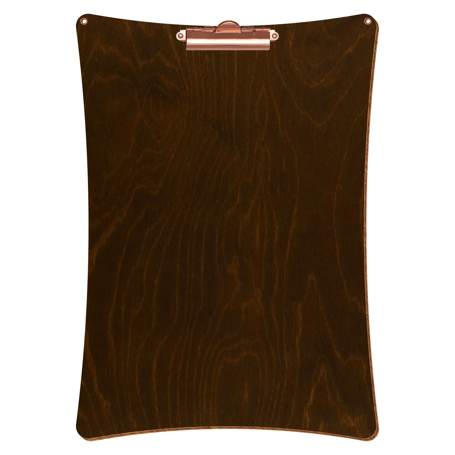 Bütic Holz-Klemmbrett konkav in der Farbe Eiche dunkel mit Aufhängeösen in A3 hochkant mit roségoldener Zahnklemme