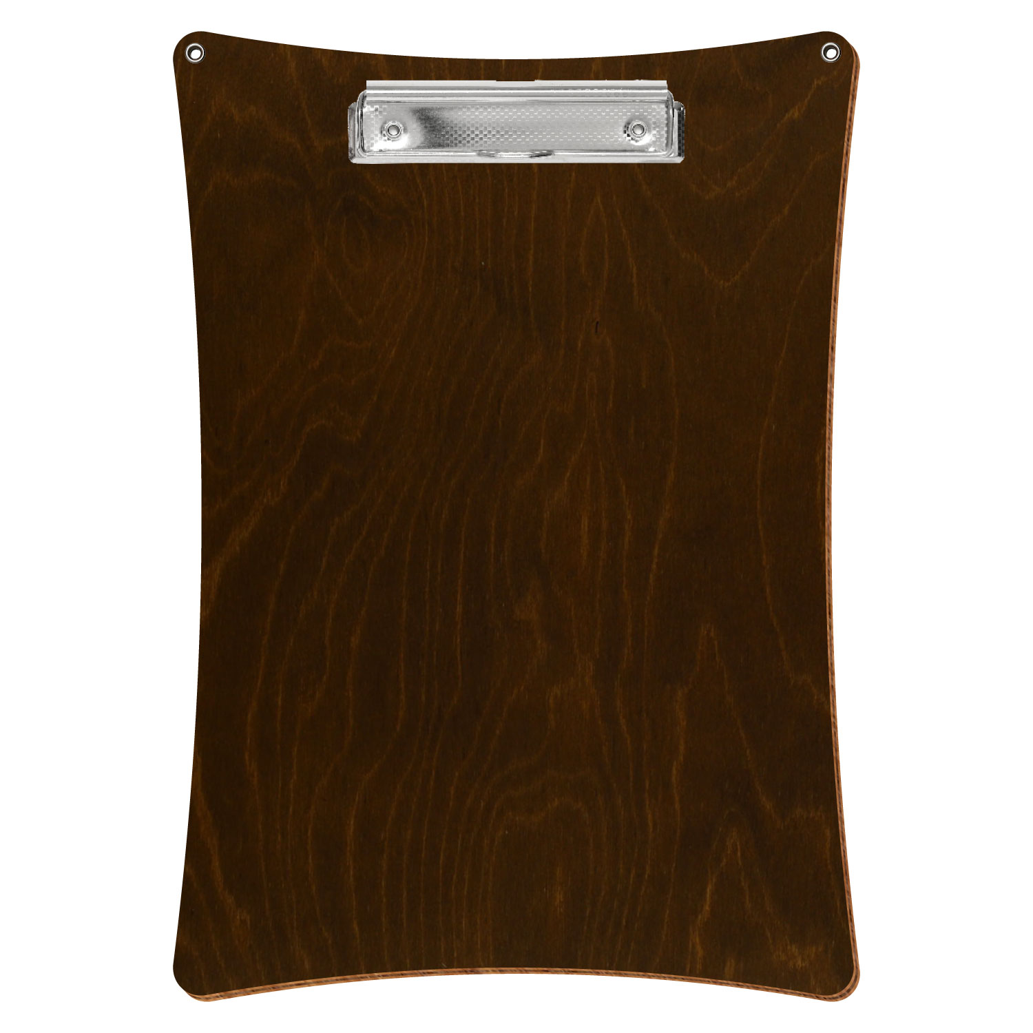 Bütic Holz-Klemmbrett konkav in der Farbe Eiche dunkel mit Aufhängeösen in A4 hochkant mit carbon-silberner Bügelklemme