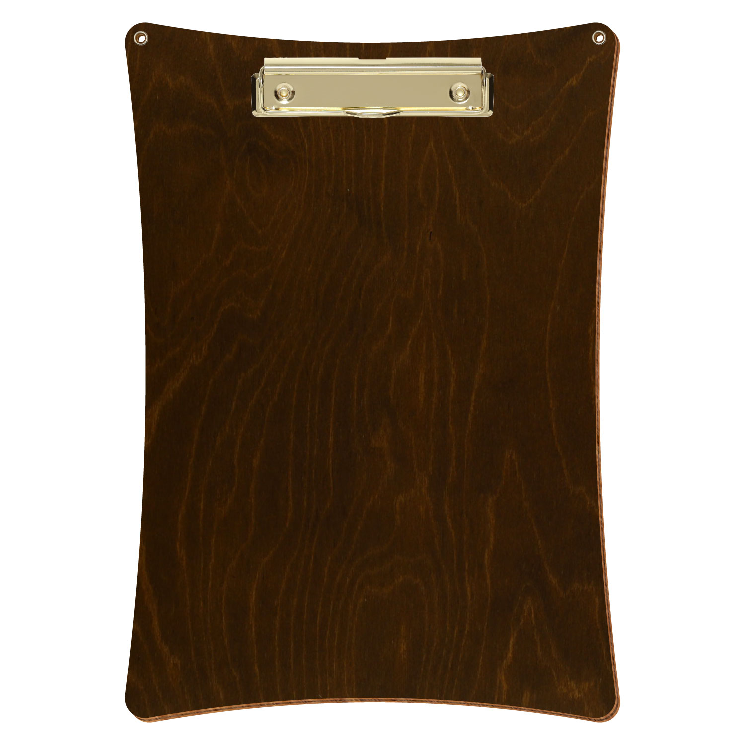 Bütic Holz-Klemmbrett konkav in der Farbe Eiche dunkel mit Aufhängeösen in A4 hochkant mit goldener Bügelklemme