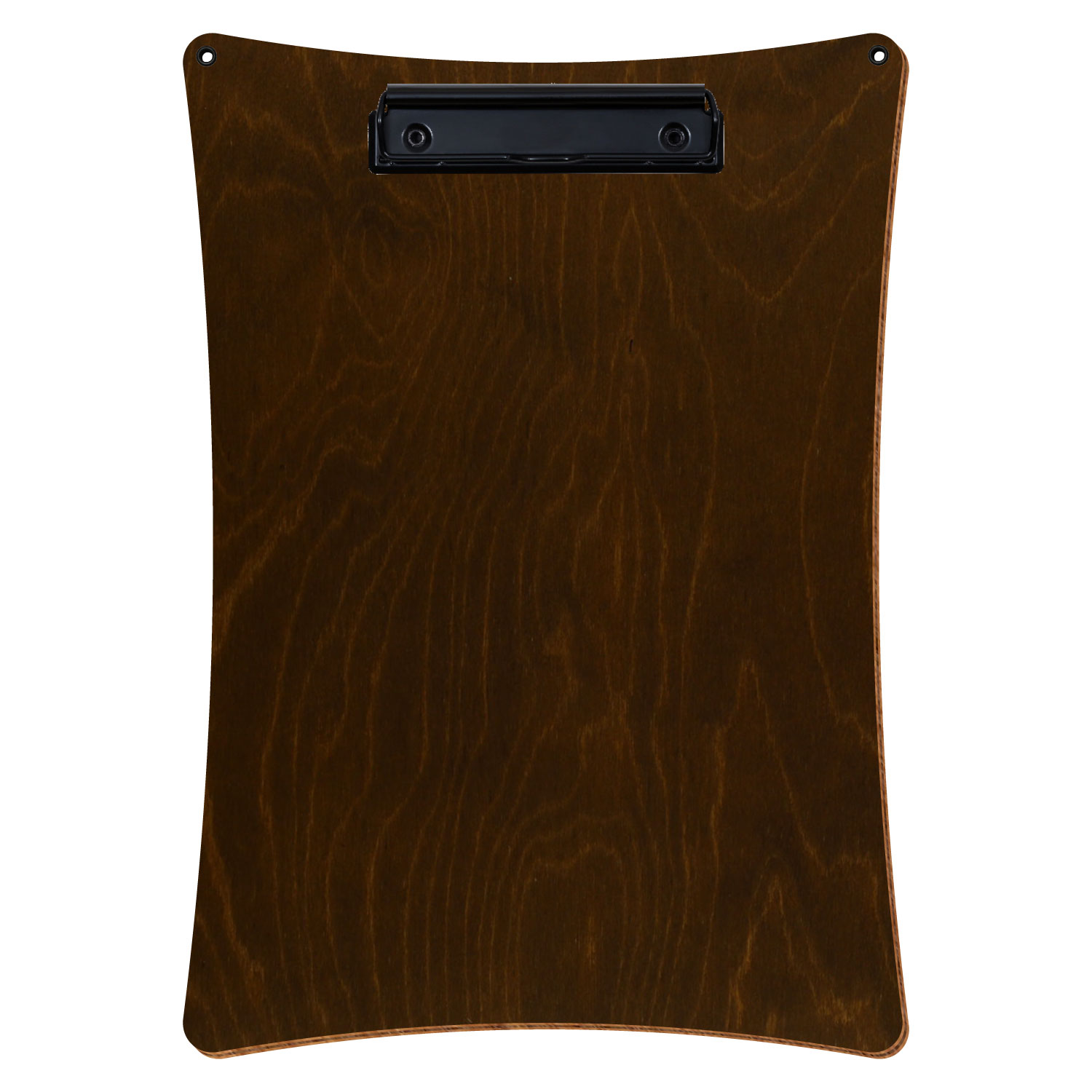 Bütic Holz-Klemmbrett konkav in der Farbe Eiche dunkel mit Aufhängeösen in A4 hochkant mit schwarzer Bügelklemme