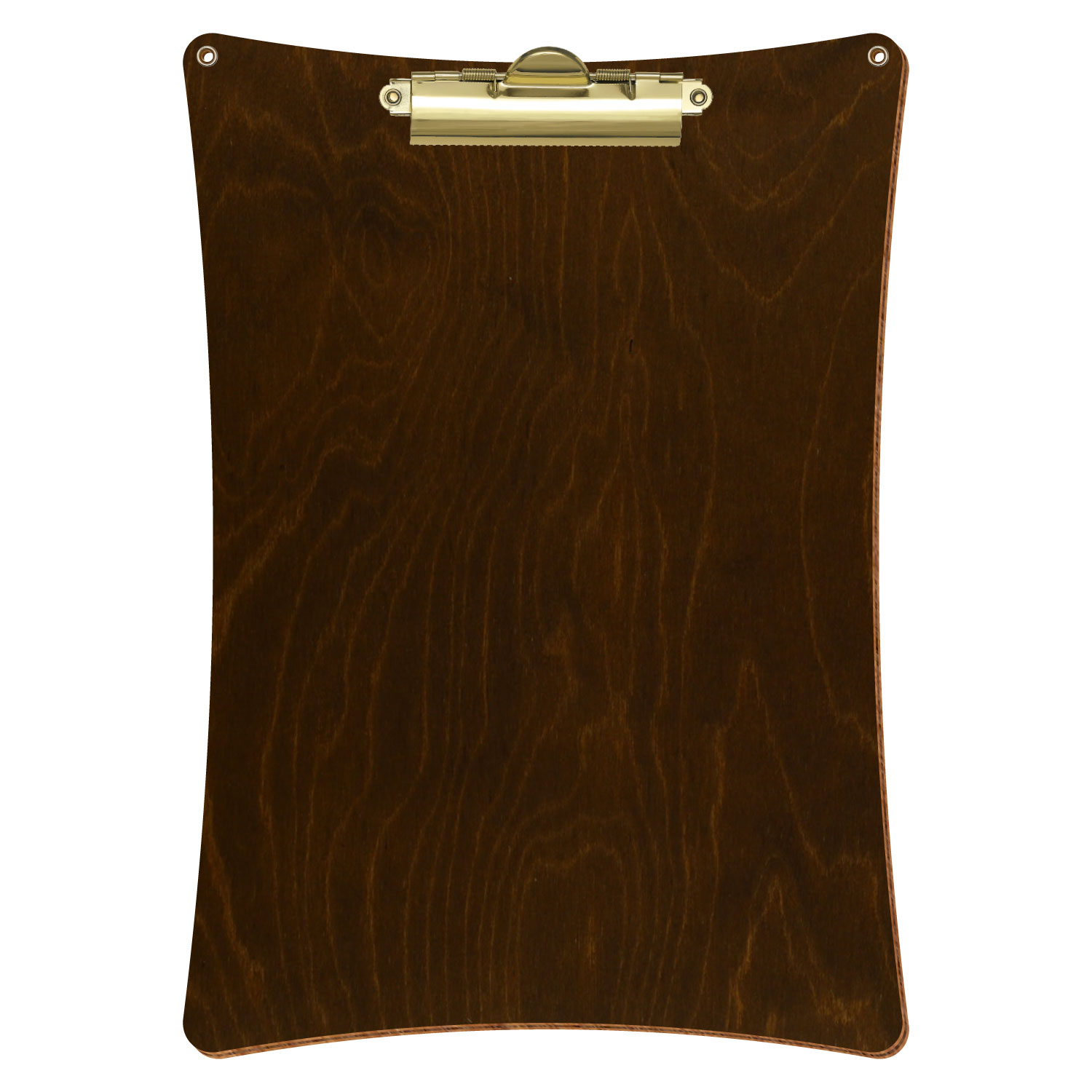 Bütic Holz-Klemmbrett konkav in der Farbe Eiche dunkel mit Aufhängeösen in A4 hochkant mit goldener Zahnklemme