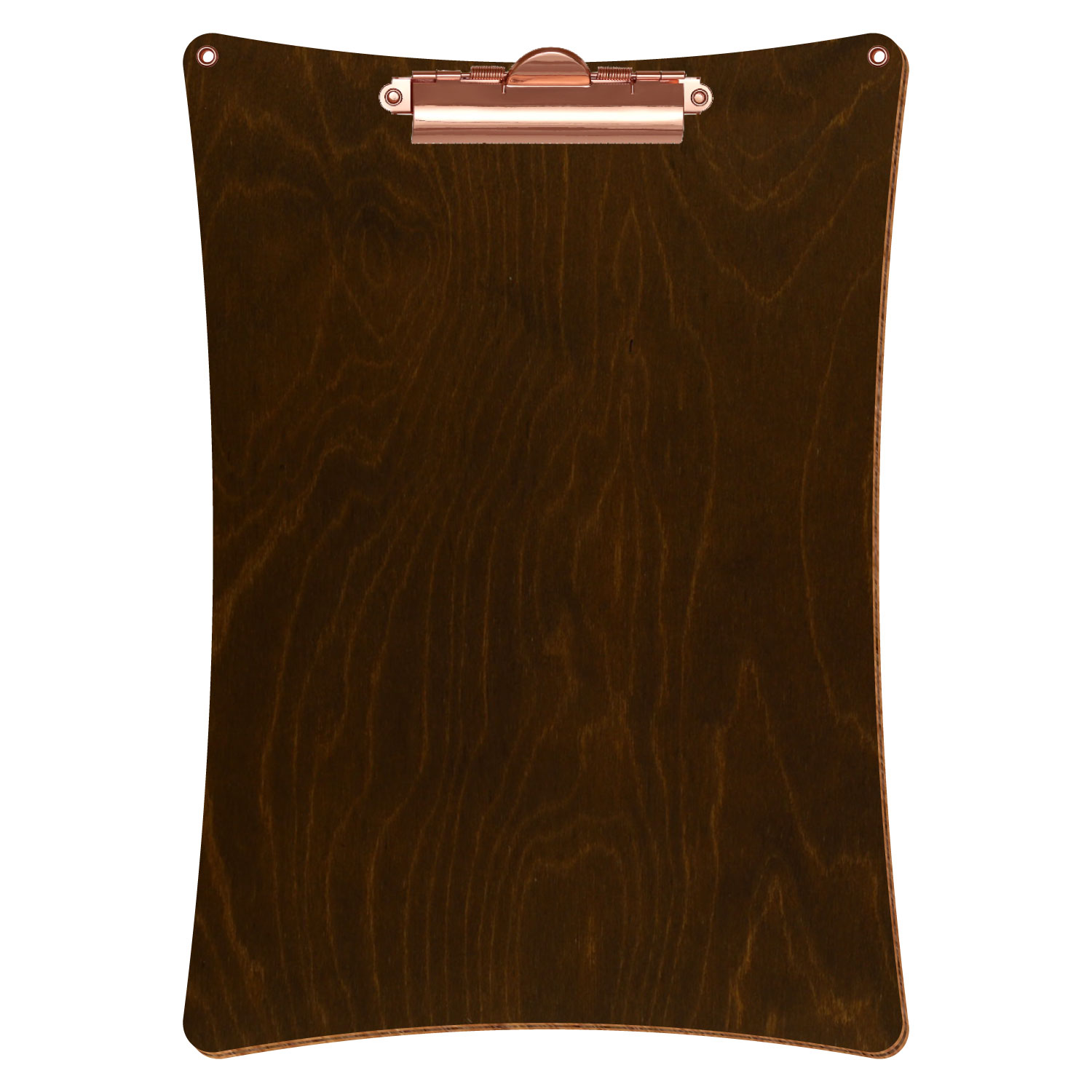 Bütic Holz-Klemmbrett konkav in der Farbe Eiche dunkel mit Aufhängeösen in A4 hochkant mit roségoldener Zahnklemme