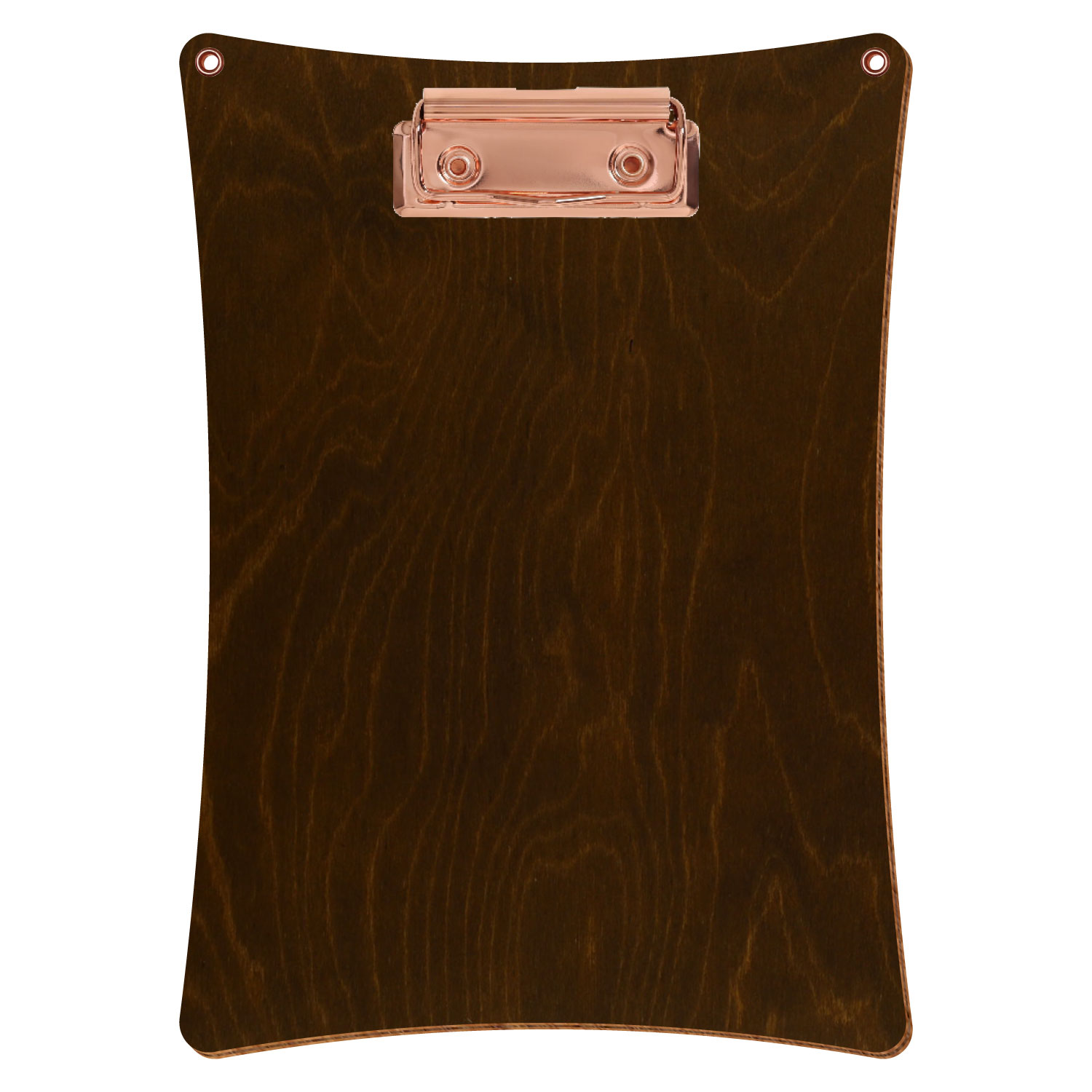 Bütic Holz-Klemmbrett konkav in der Farbe Eiche dunkel mit Aufhängeösen in A5 hochkant mit roségoldener Bügelklemme