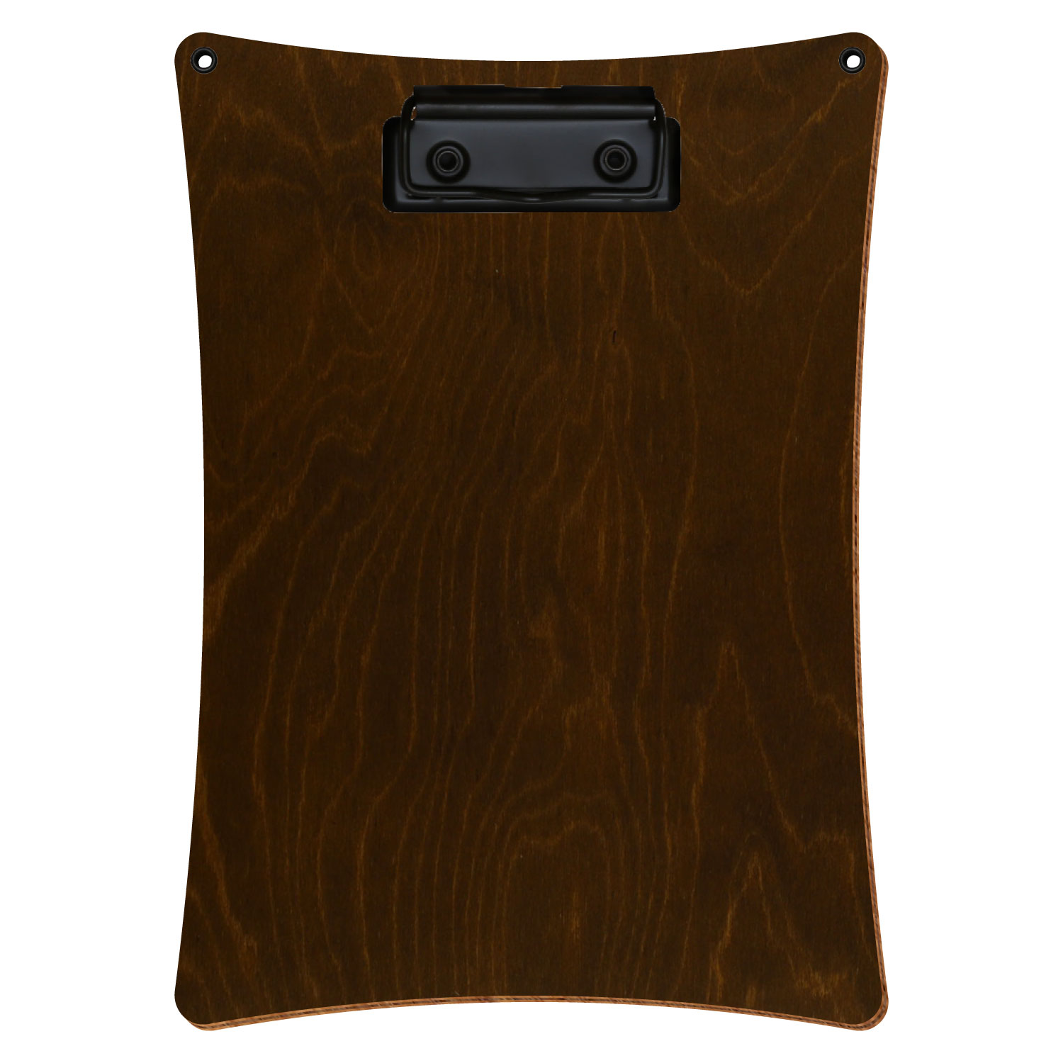 Bütic Holz-Klemmbrett konkav in der Farbe Eiche dunkel mit Aufhängeösen in A5 hochkant mit schwarzer Bügelklemme