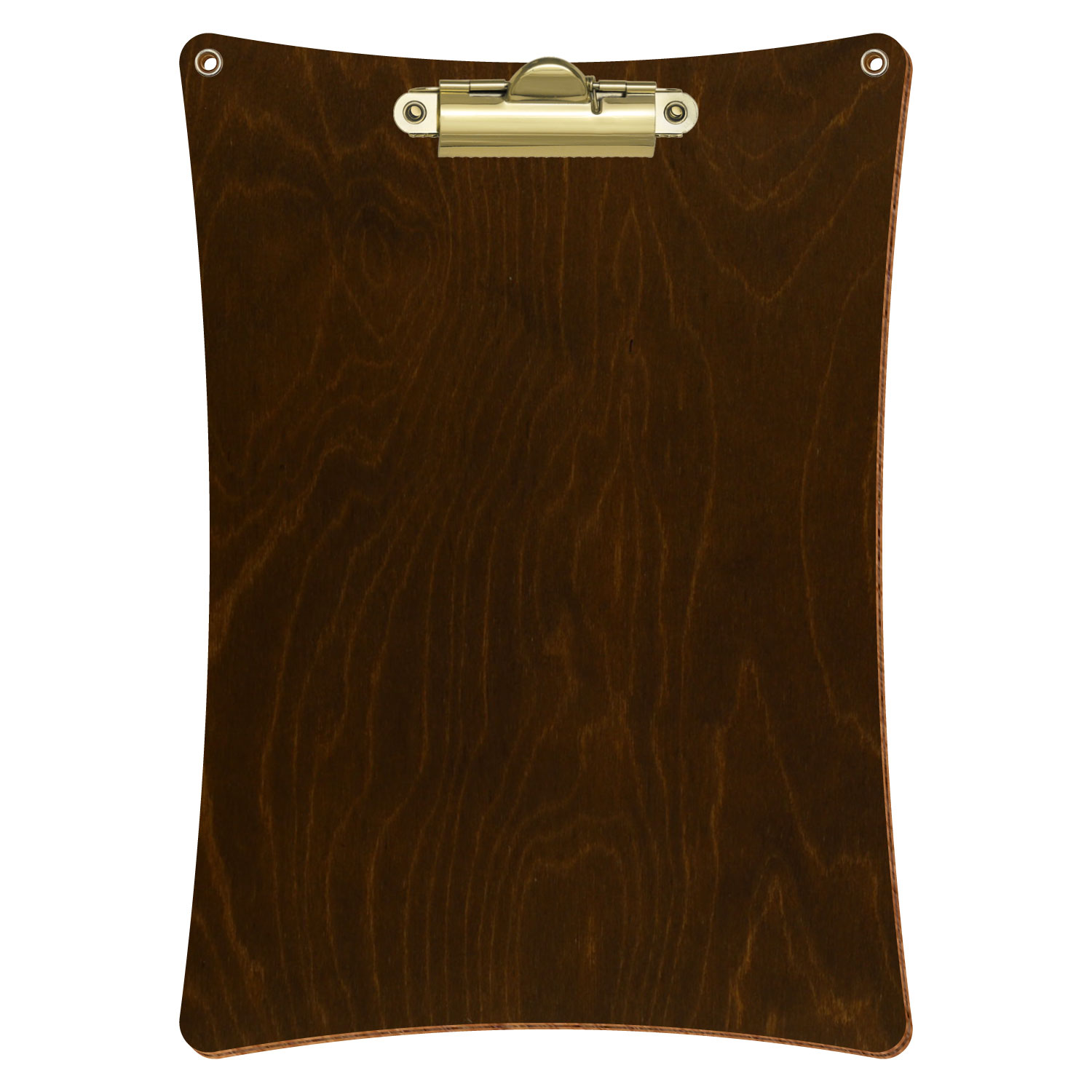 Bütic Holz-Klemmbrett konkav in der Farbe Eiche dunkel mit Aufhängeösen in A5 hochkant mit goldener Zahnklemme