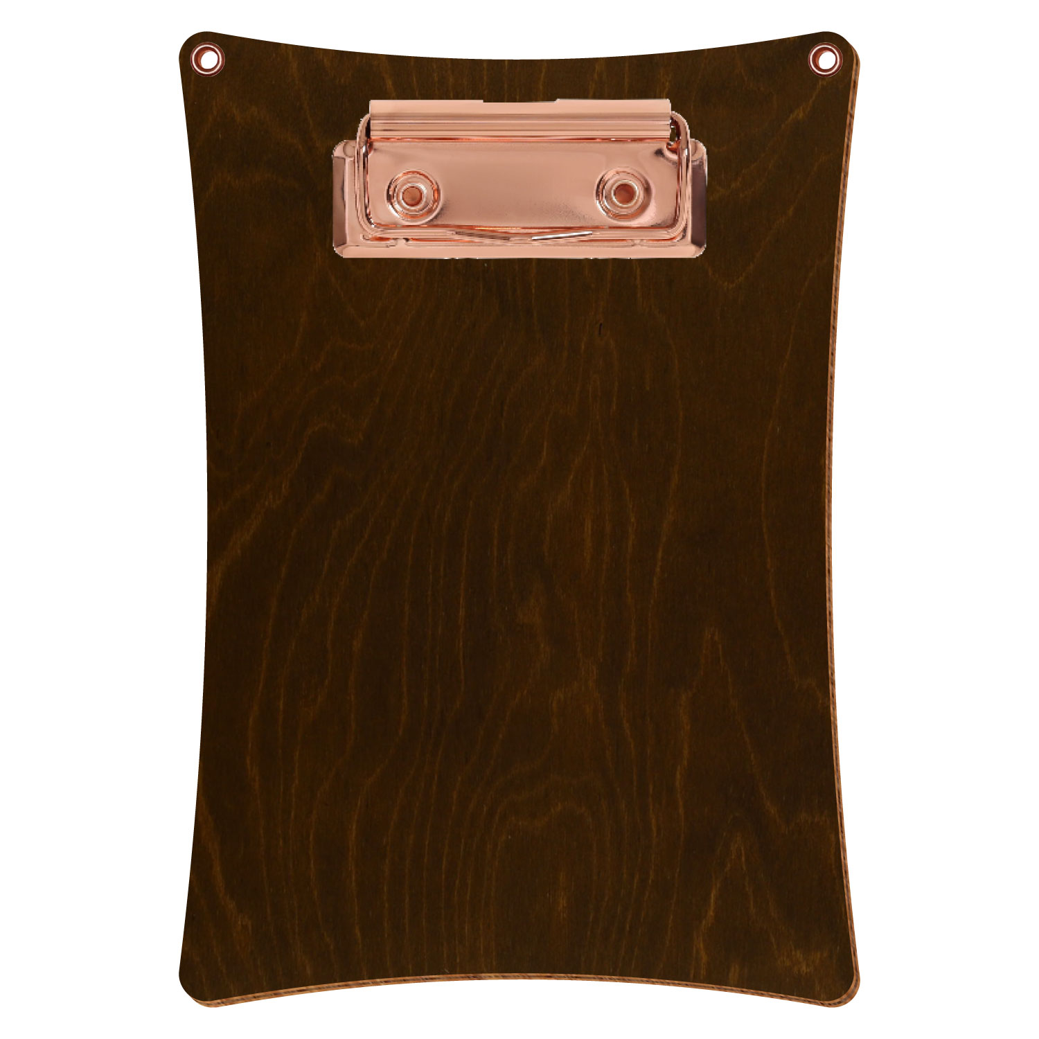 Bütic Holz-Klemmbrett konkav in der Farbe Eiche dunkel mit Aufhängeösen in A6 hochkant mit roségoldener Bügelklemme