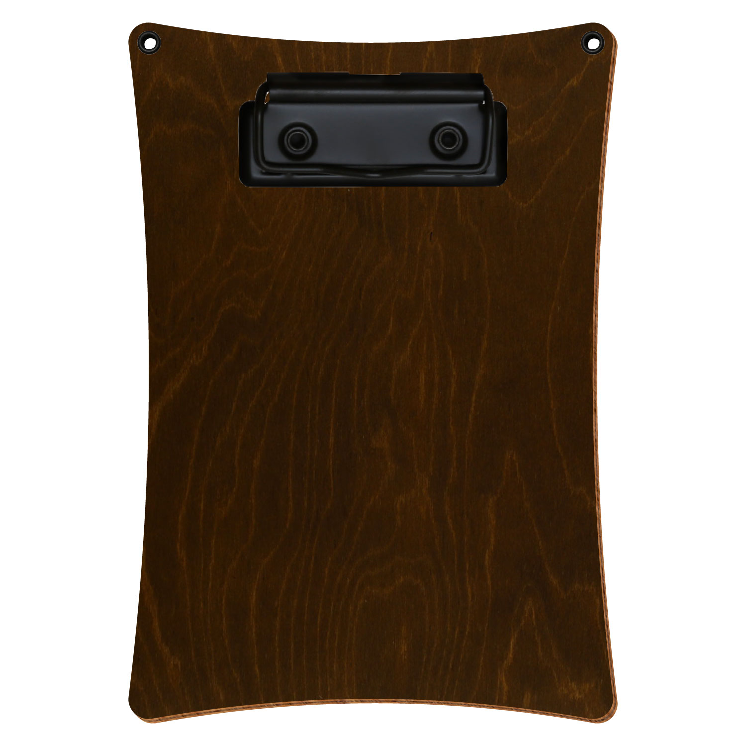 Bütic Holz-Klemmbrett konkav in der Farbe Eiche dunkel mit Aufhängeösen in A6 hochkant mit schwarzer Bügelklemme