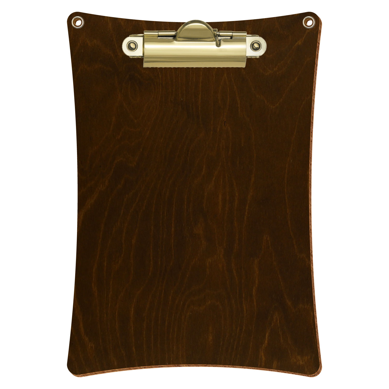 Bütic Holz-Klemmbrett konkav in der Farbe Eiche dunkel mit Aufhängeösen in A6 hochkant mit goldener Zahnklemme