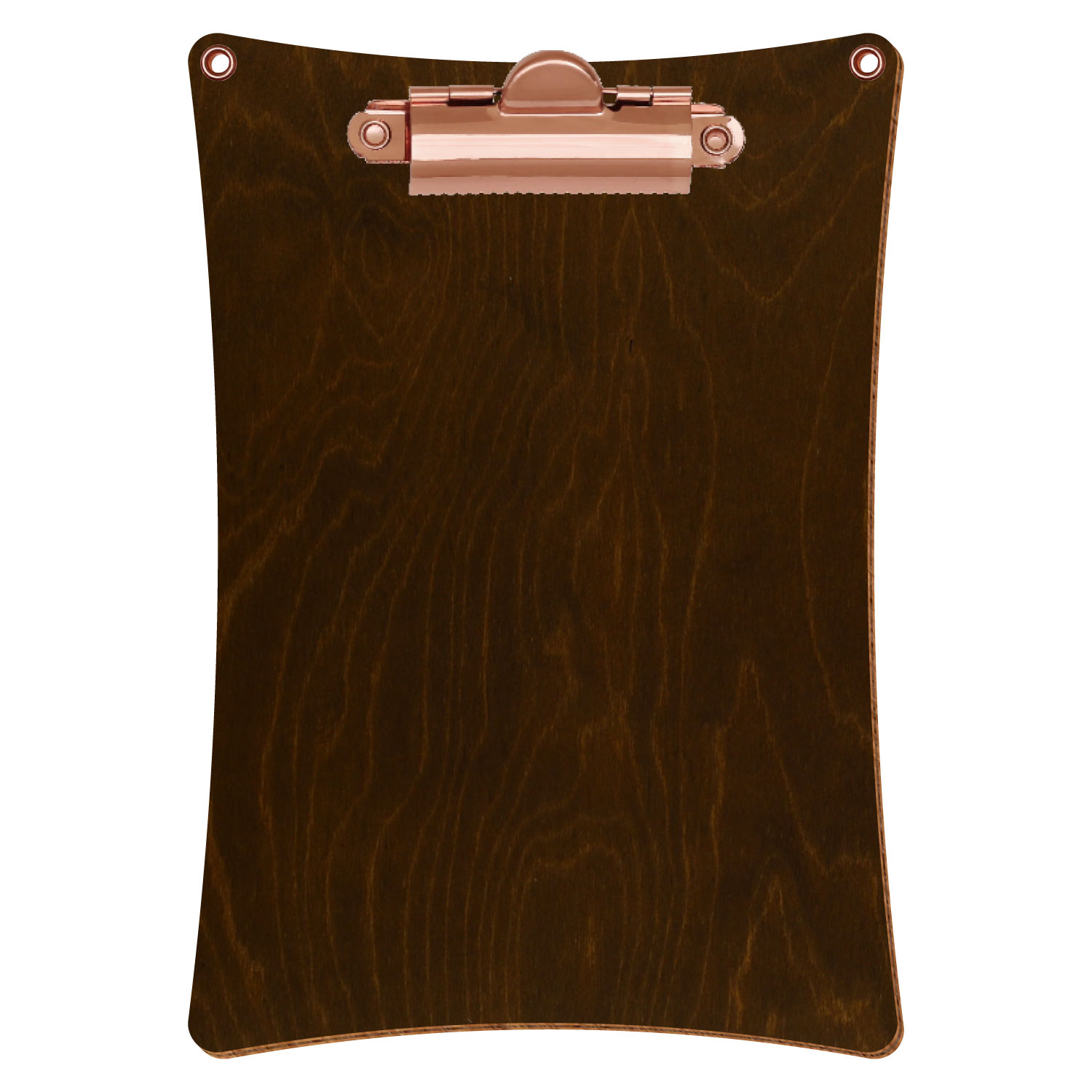 Bütic Holz-Klemmbrett konkav in der Farbe Eiche dunkel mit Aufhängeösen in A6 hochkant mit roségoldener Zahnklemme