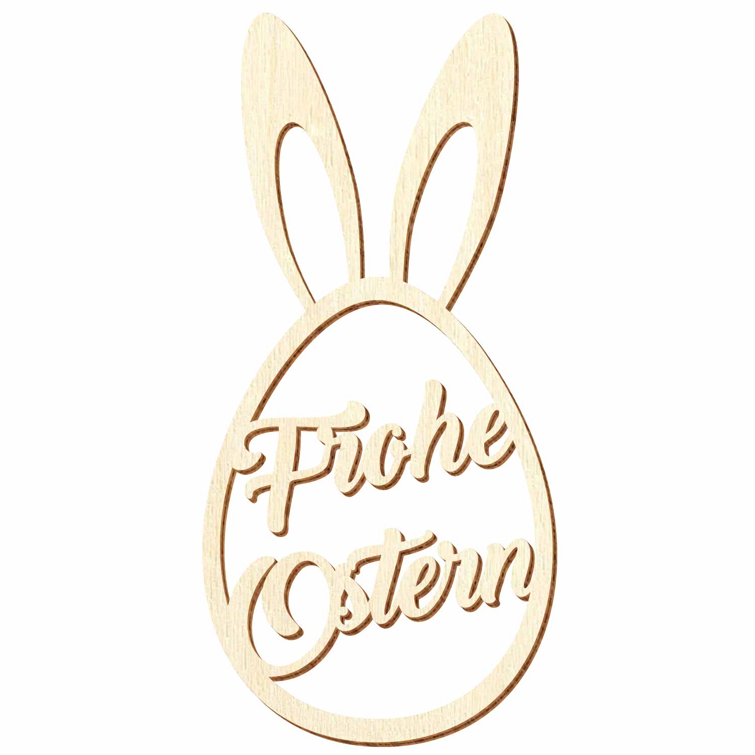 Osterei mit Hasenohren aus Pappelsperrholz mit dem Schriftzug "Frohe Ostern" mittig im Ei