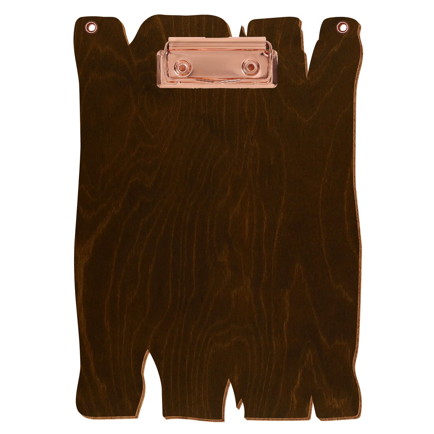 Klemmbrett Holzbrettform mit 2 Ösen Eiche dunkel A5 hochkant Bügelklemme roségold