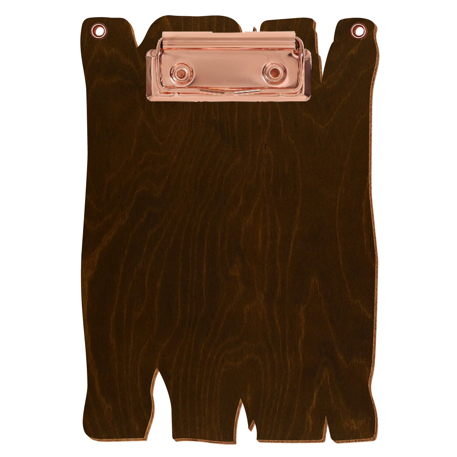 Klemmbrett Holzbrettform mit 2 Ösen Eiche dunkel A6 hochkant Bügelklemme roségold
