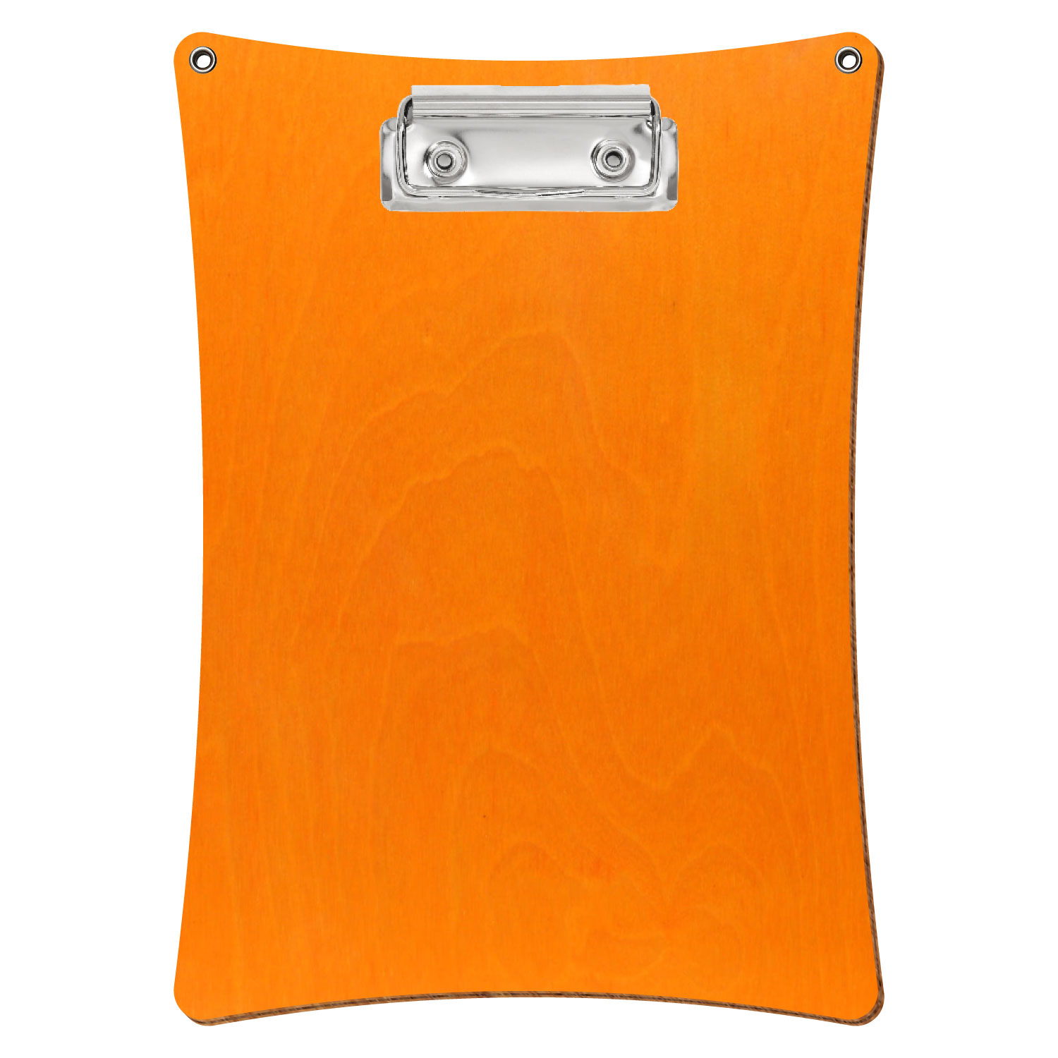 Bütic Holz-Klemmbrett konkav orange mit Aufhängeösen in A5 hochkant mit silberner Bügelklemme