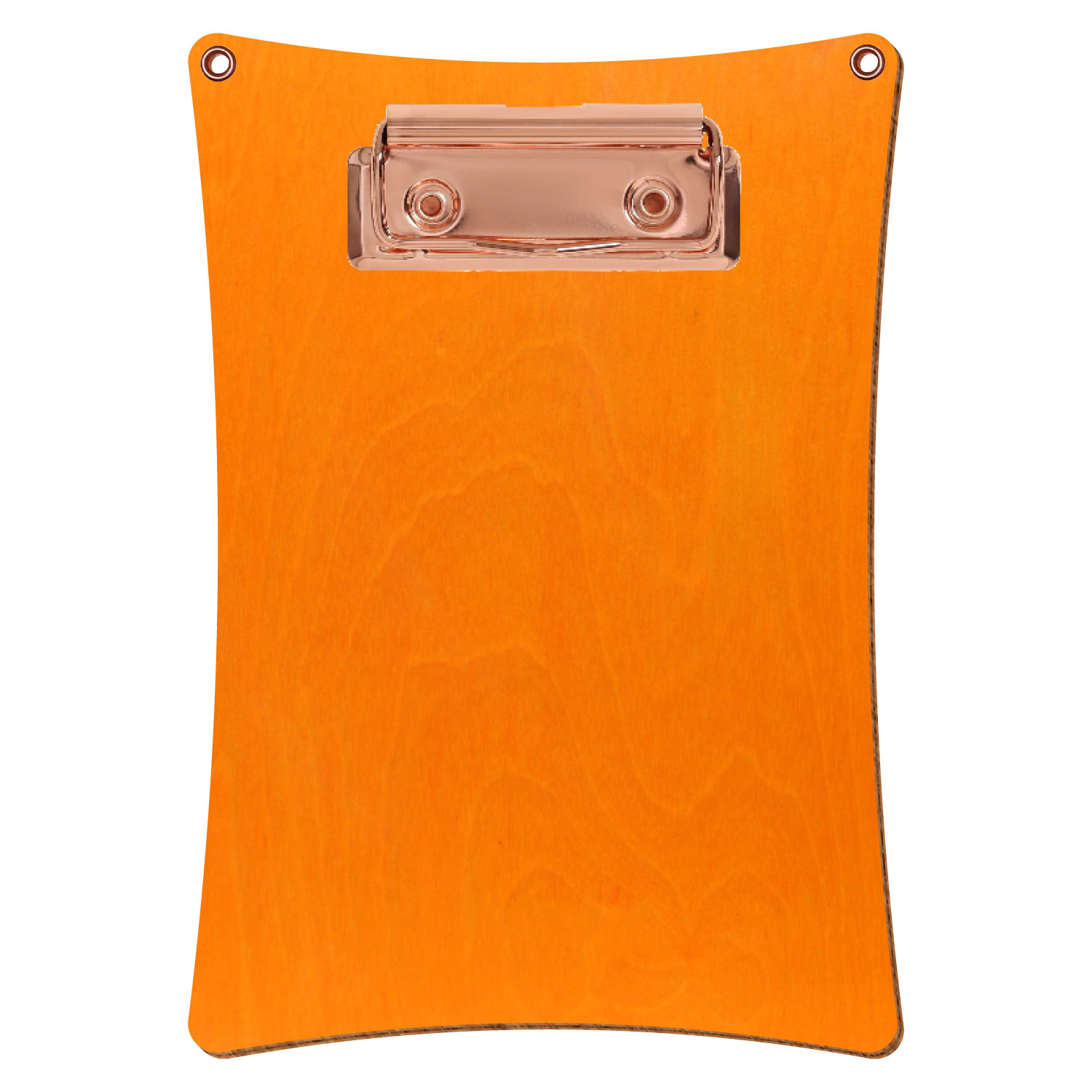 Bütic Holz-Klemmbrett konkav orange mit Aufhängeösen in A6 hochkant mit roségoldener Bügelklemme