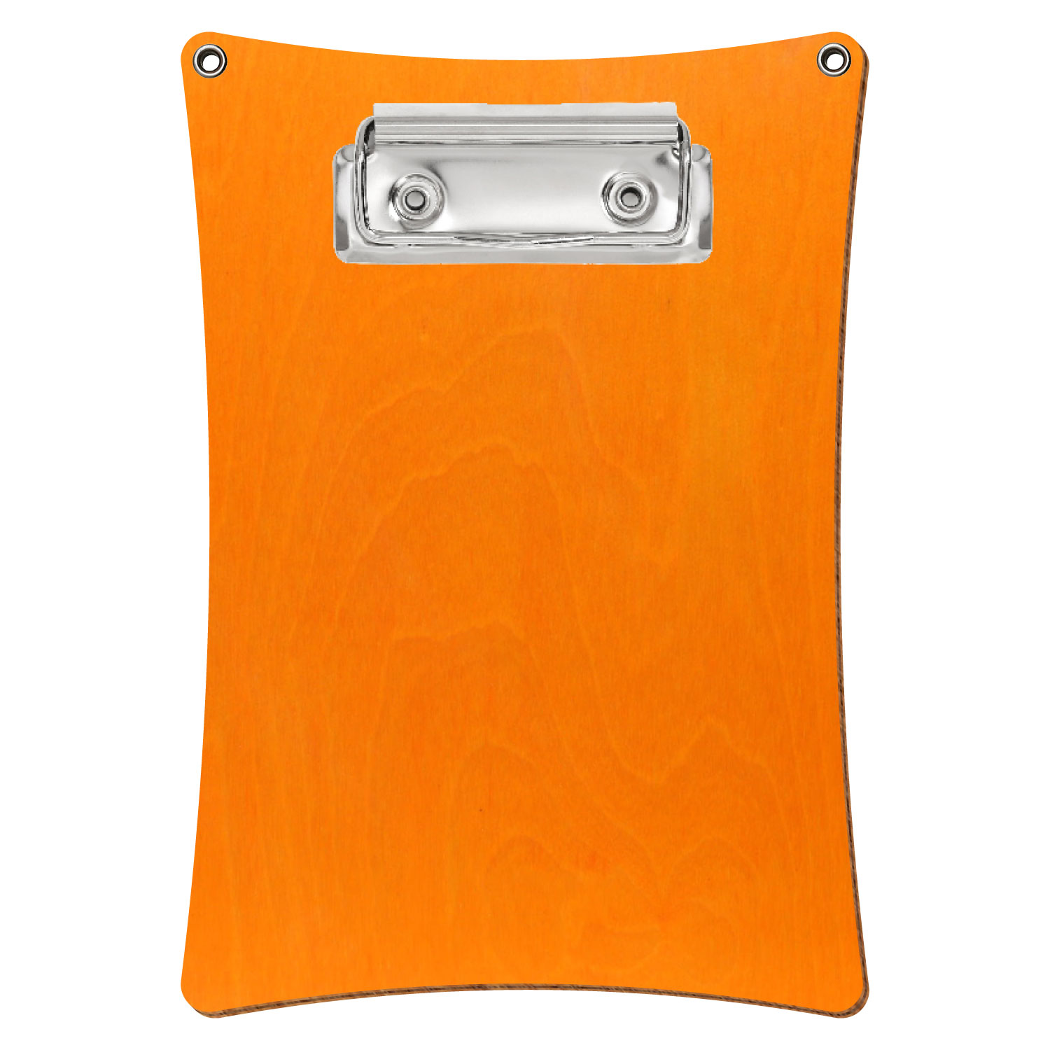 Bütic Holz-Klemmbrett konkav orange mit Aufhängeösen in A6 hochkant mit silberner Bügelklemme