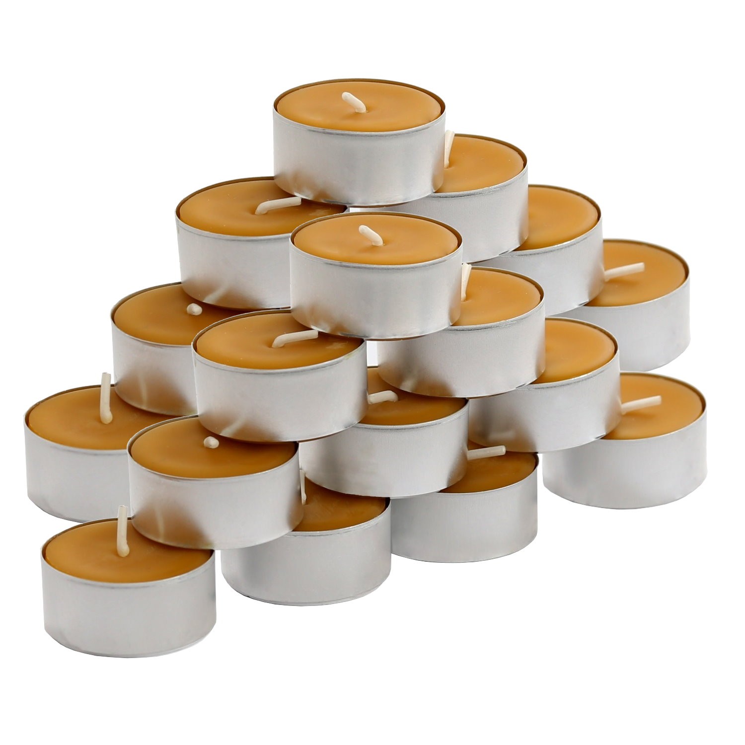20er Set Bienenwachs Teelichter im Aluminiumcup vor weißem Hintergrund