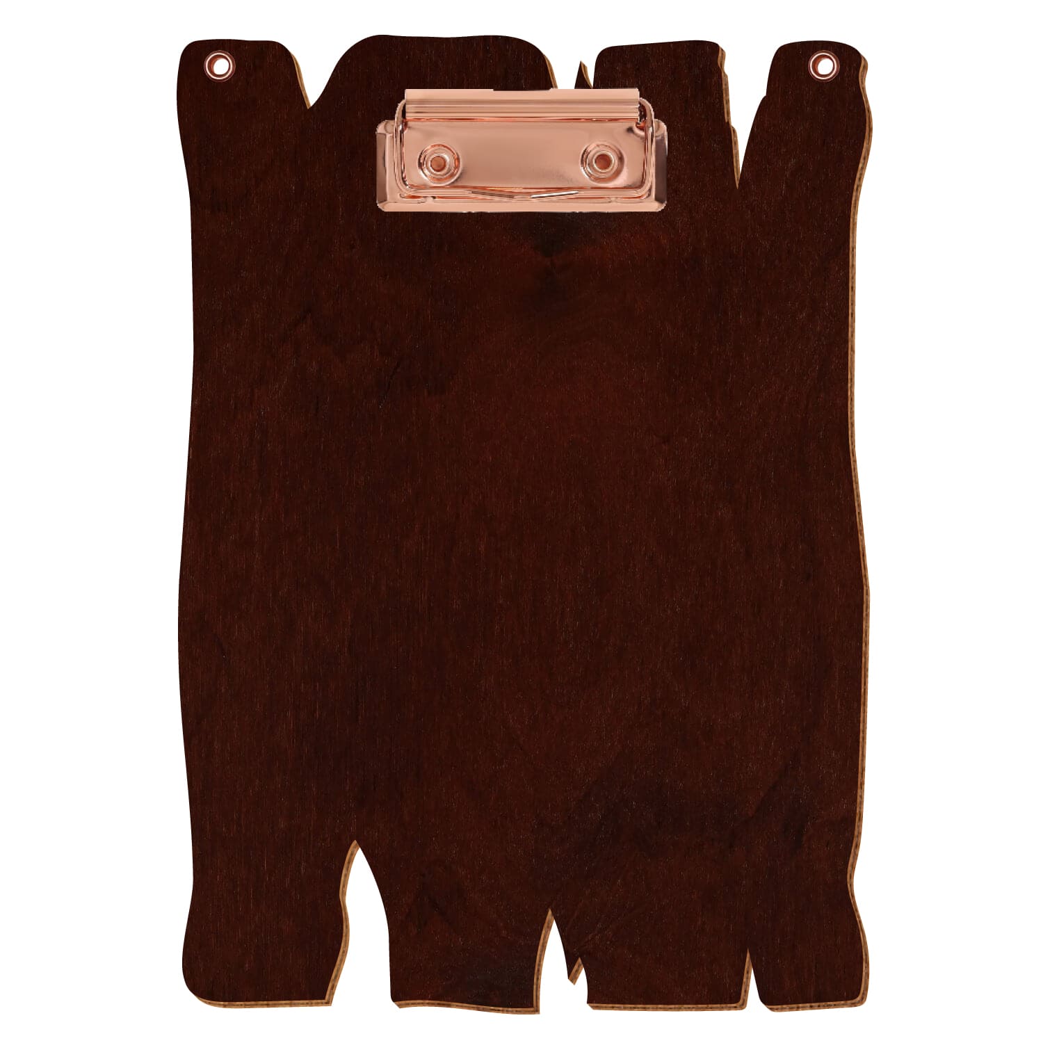 Klemmbrett Holzbrettform mit 2 Ösen Nussbaum dunkel A5 hochkant Bügelklemme roségold
